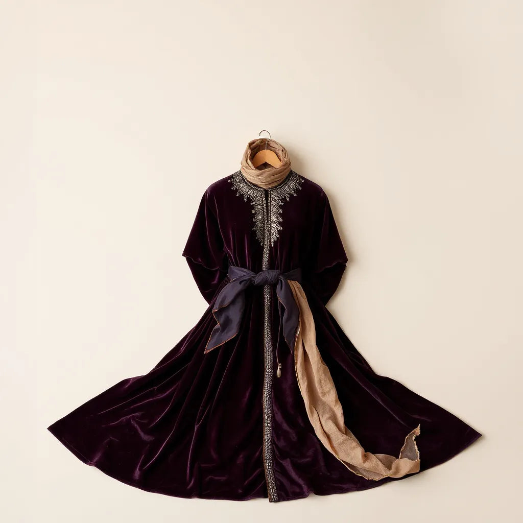 Deep velvet thobe with delicate hand-beaded detailing, styled on a neutral background with a neatly draped scarf