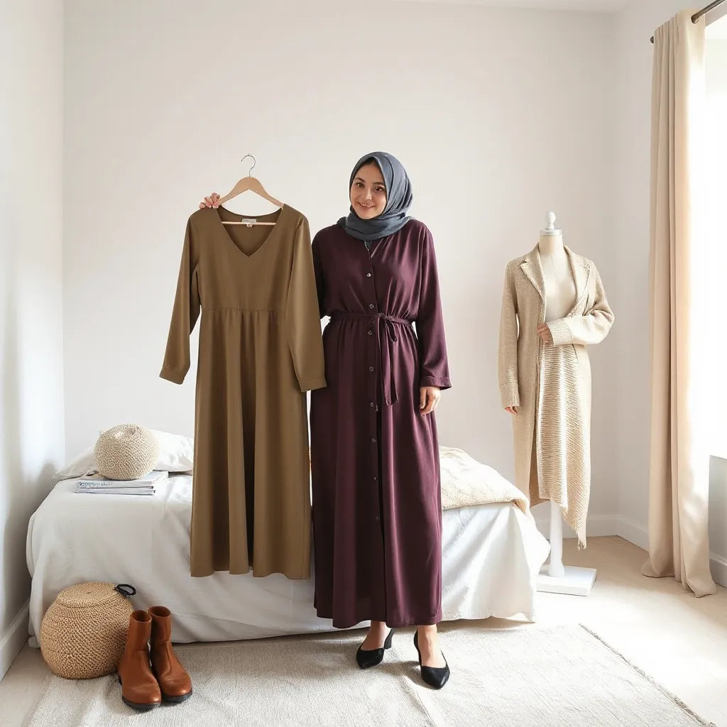 Modest maxi dress outfit styling setup with a hanger, mannequin, and a woman holding a cardigan