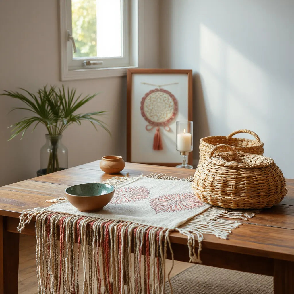 Warm indoor display of handmade Middle Eastern crafts, including embroidered textile, ceramics, and woven items
