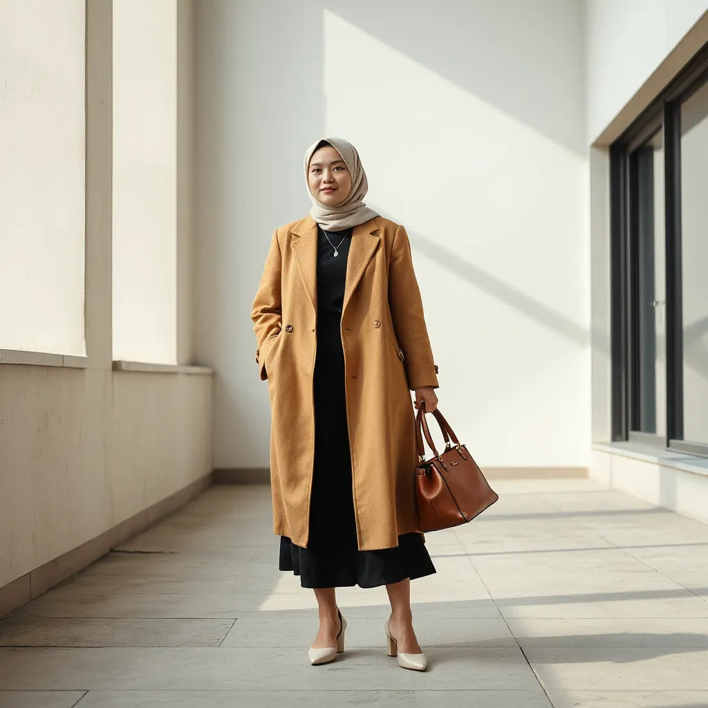 Woman in a modern modest outfit with a long coat, ankle-length skirt, and elegant headscarf in soft daylight