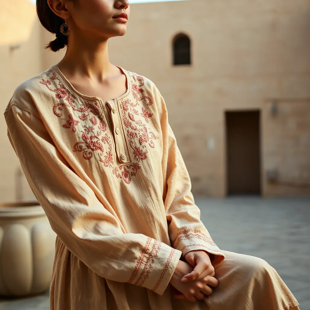 Model wearing a richly embroidered Palestinian-style garment with visible hand-stitched motifs in soft daylight