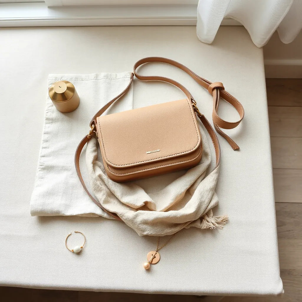 Minimalist sustainable accessories arranged on linen: plant-based bag, organic scarf, and recycled-metal jewelry.