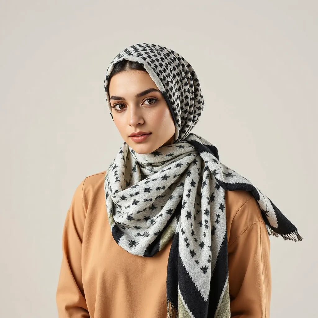 Model wearing a black-and-white keffiyeh scarf with modern draping over a simple outfit in soft neutral light
