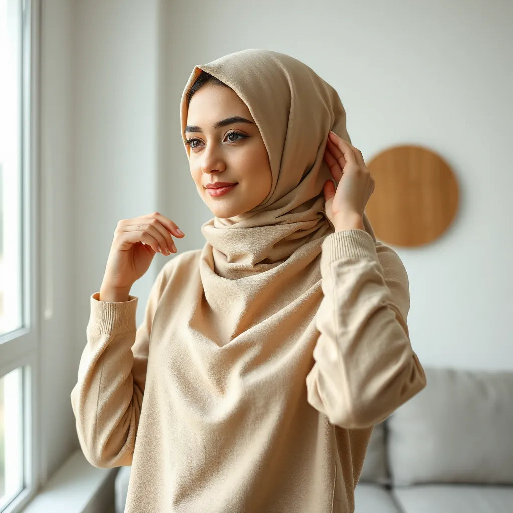 Woman adjusting a neatly styled hijab near a window with natural light for comfortable everyday wear