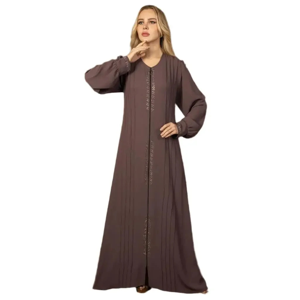 Palestinian Elegance modest abaya for women in brown with long sleeves and detailed front design