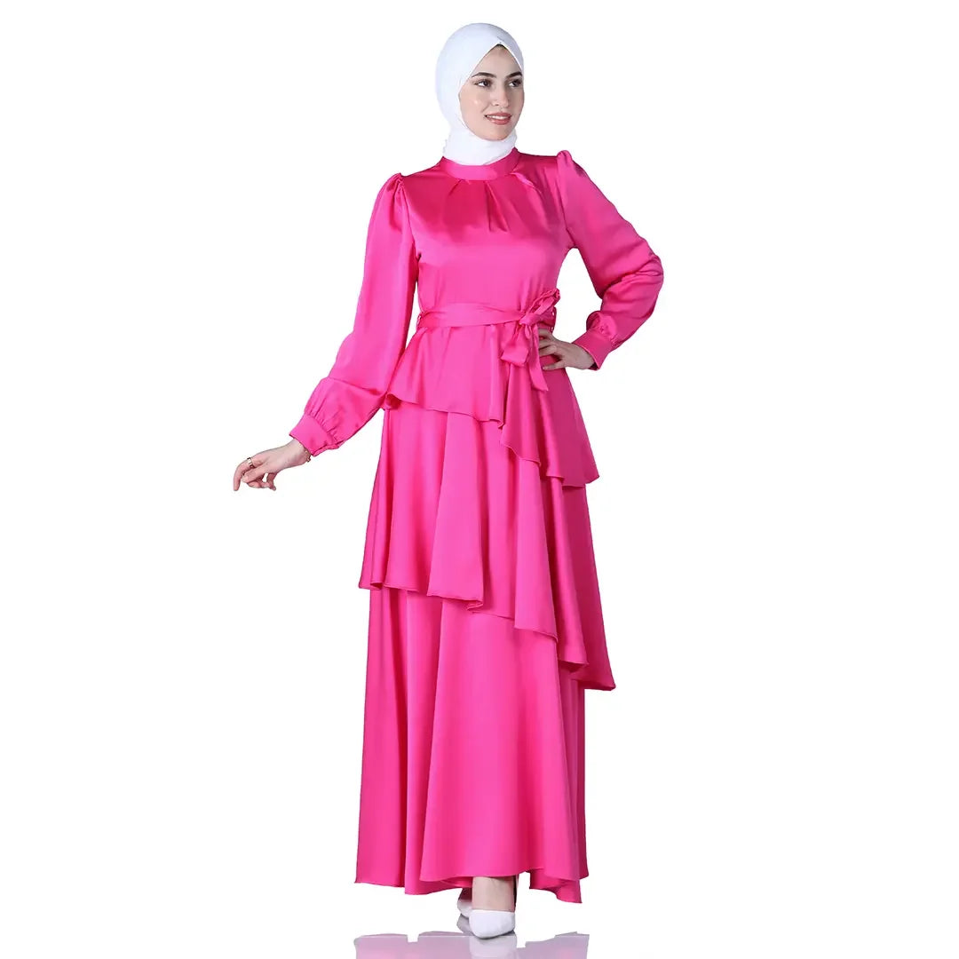 Elegant Layered Satin Gown: Timeless Sophistication and Grace Palestinian Elegance