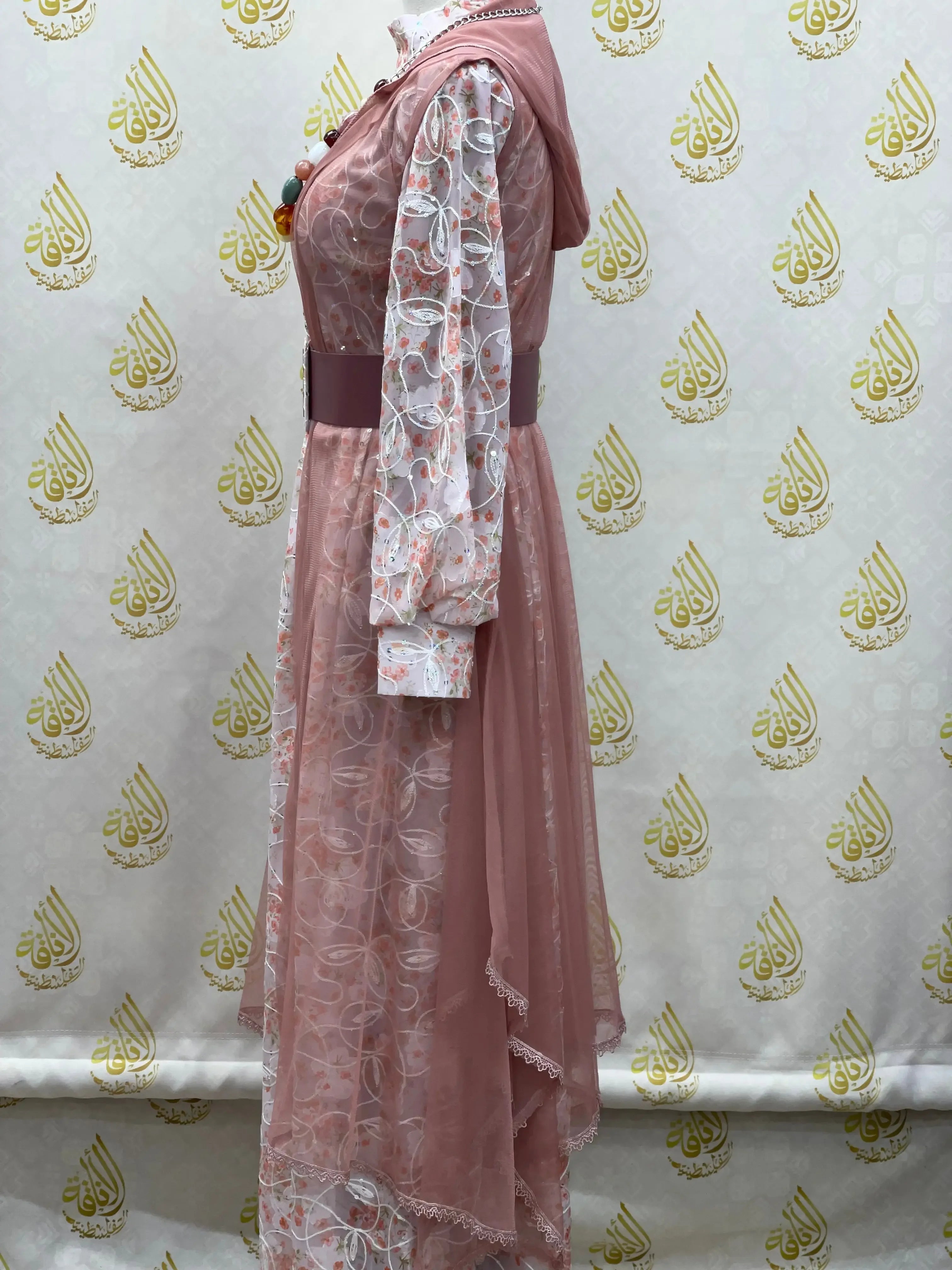 Floral Embroidered Mesh Overlay Dress with Beads: Enchanting Elegance and Grace Palestinian Elegance