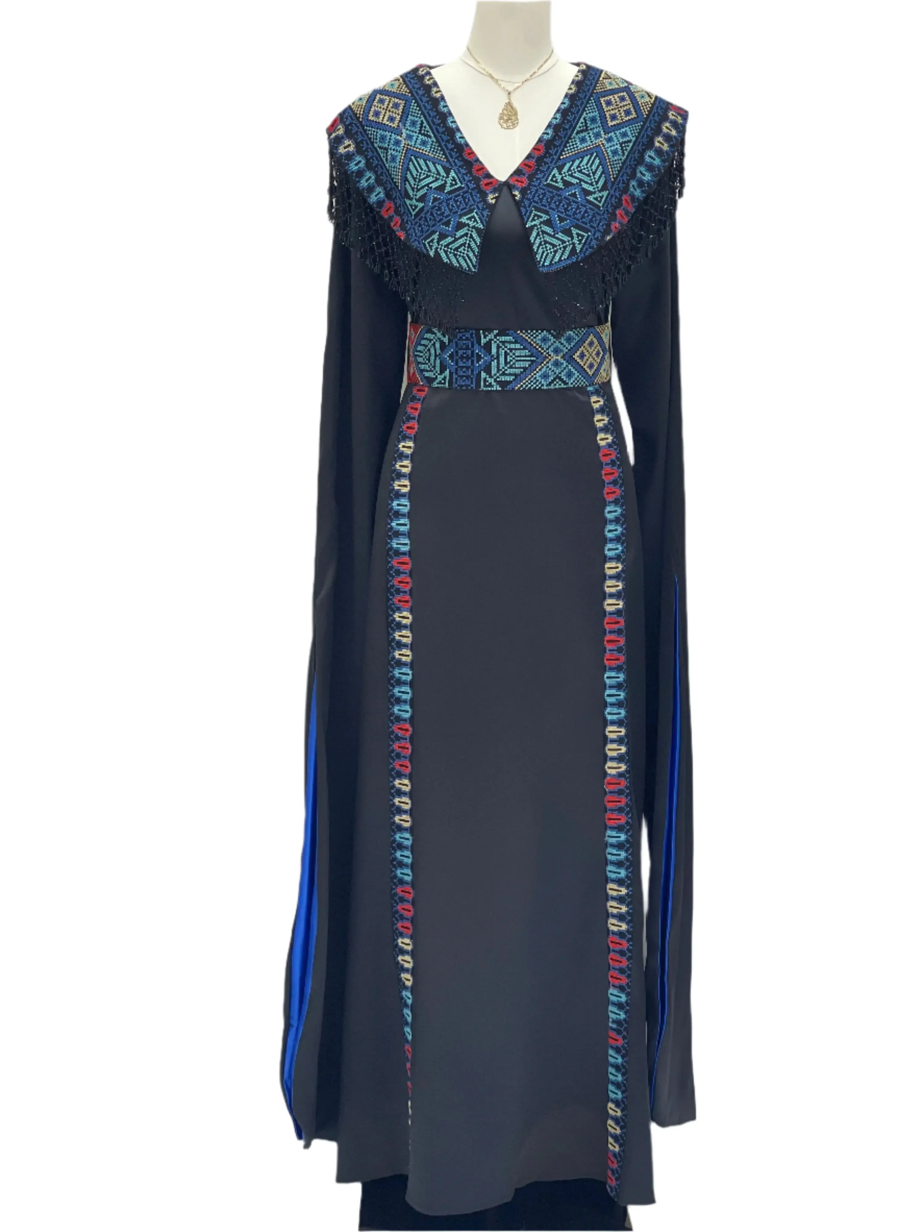 Sophisticated Elegance: Soondos Embroidered Satin Dress Palestinian Elegance