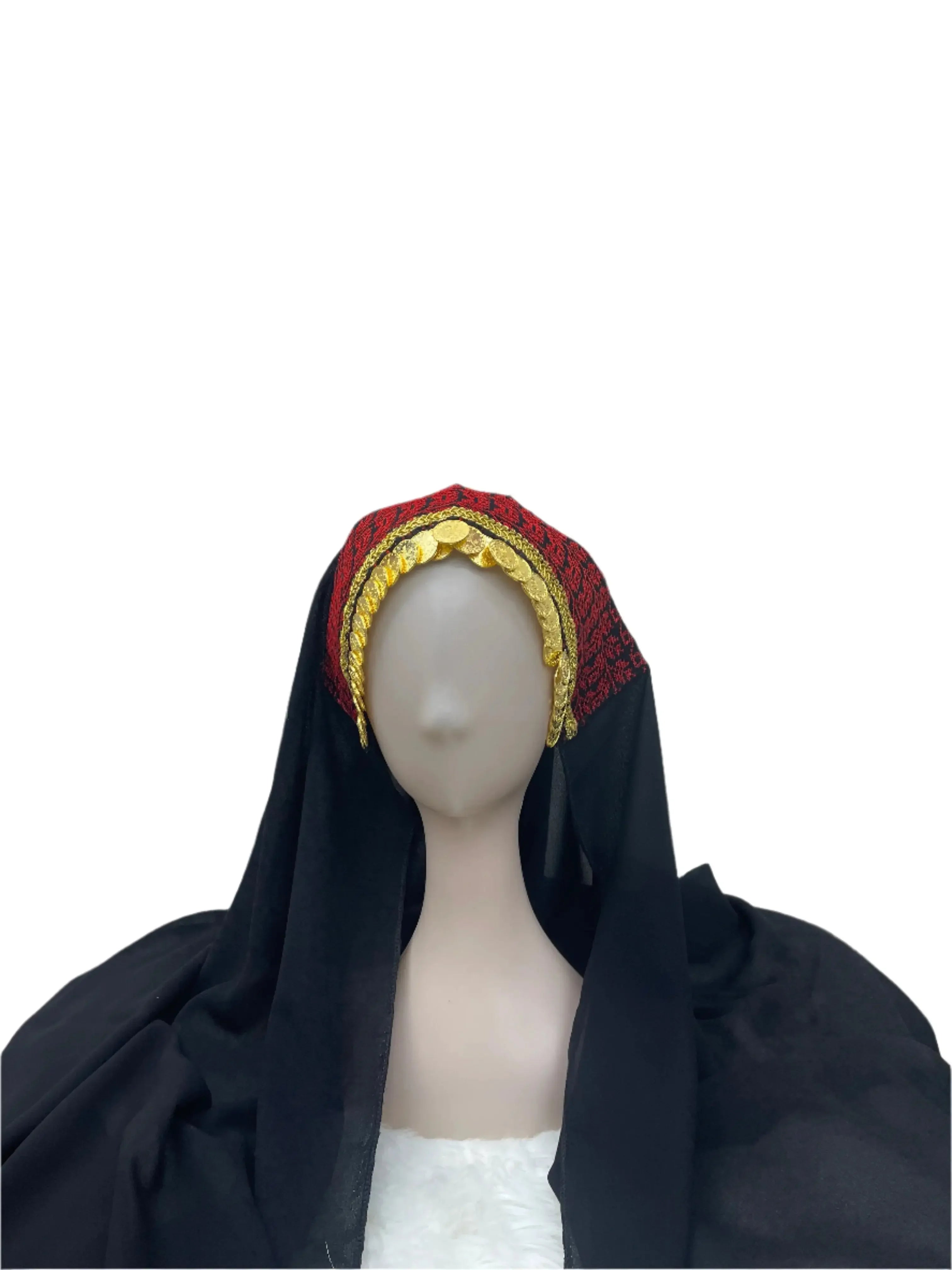 Palestinian embroidered khirka shawl in black with red and gold detailed headpiece on mannequin