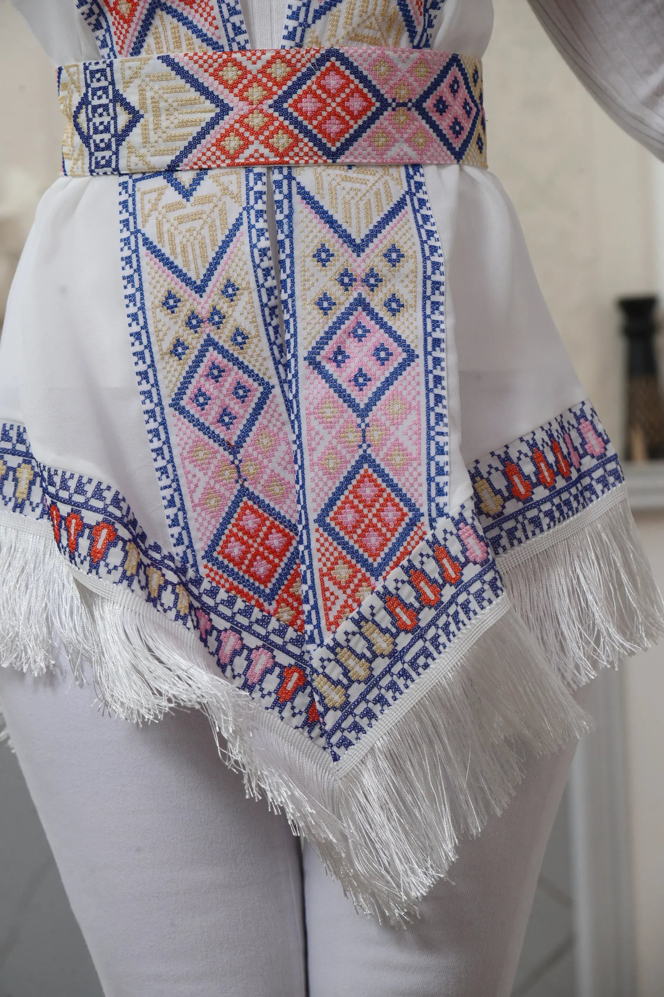 Embroidered Chiffon Vest With Tassels Palestinian Elegance