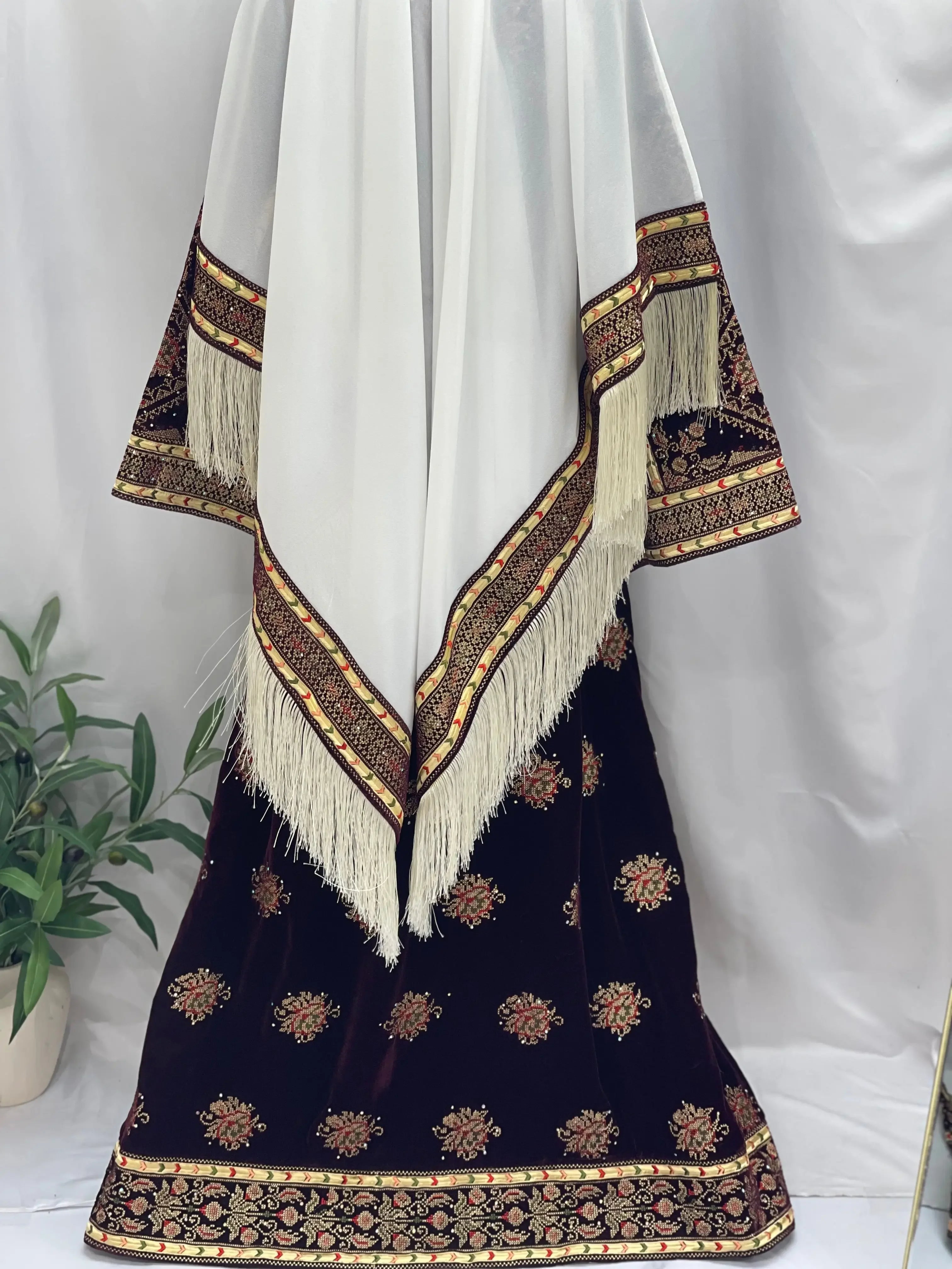 Maroon Velvet Thoub With Matching Overskirt Palestinian Elegance