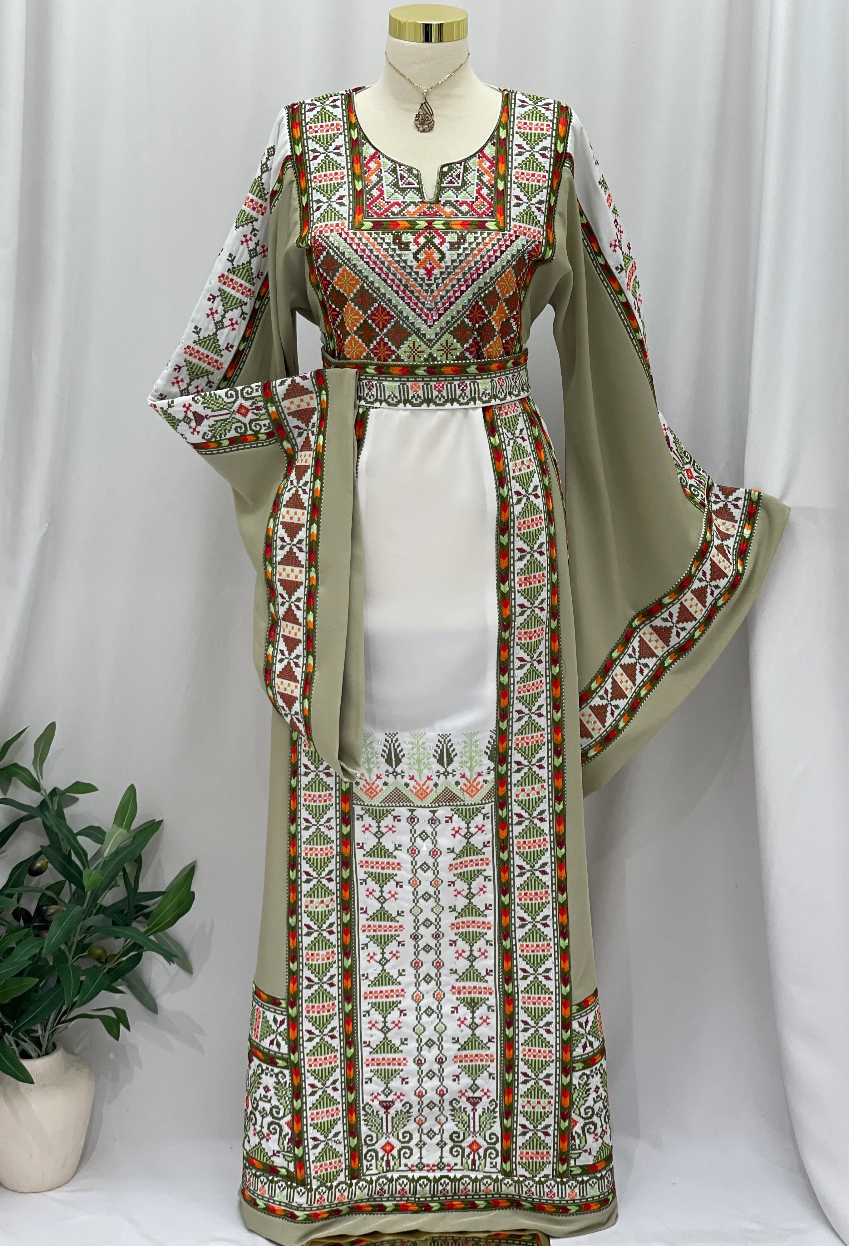 Olive Heritage Embroidered Thobe | Classic Modest Embroidery