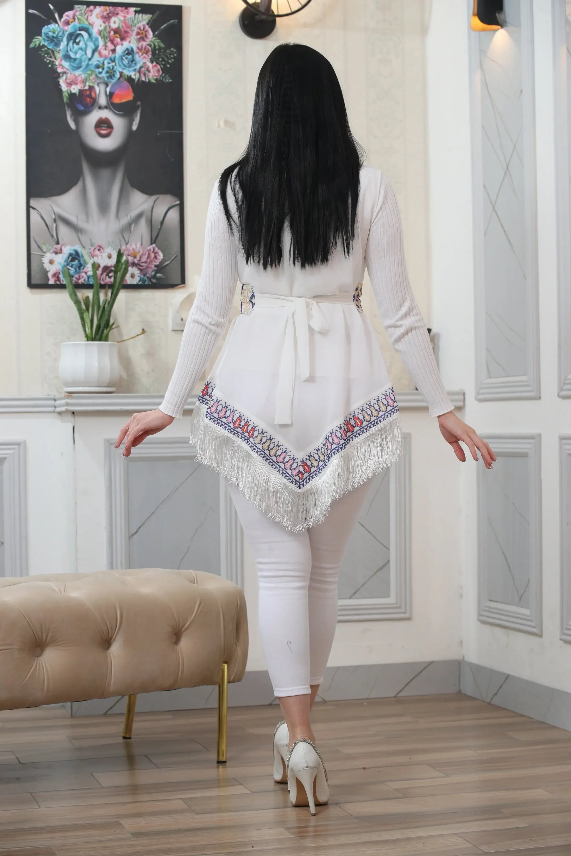 Embroidered Chiffon Vest With Tassels Palestinian Elegance
