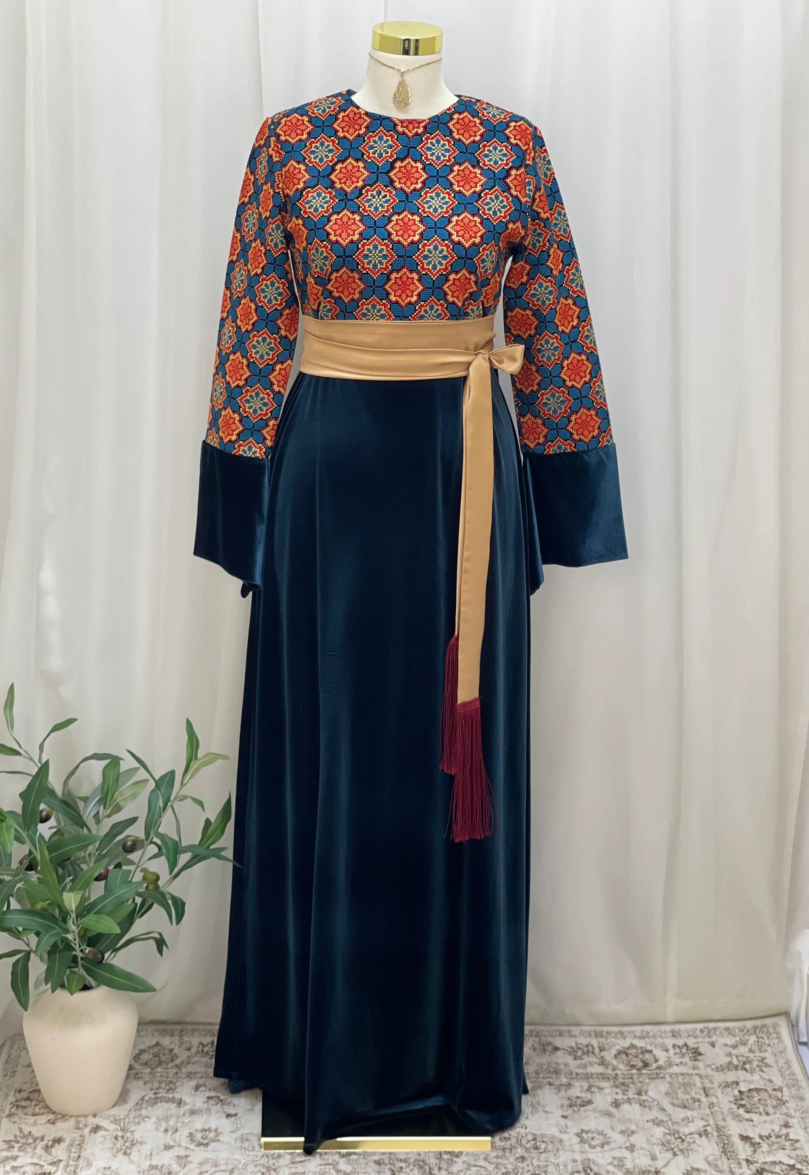 Embroidered Velvet Maxi Dress with Satin Belt