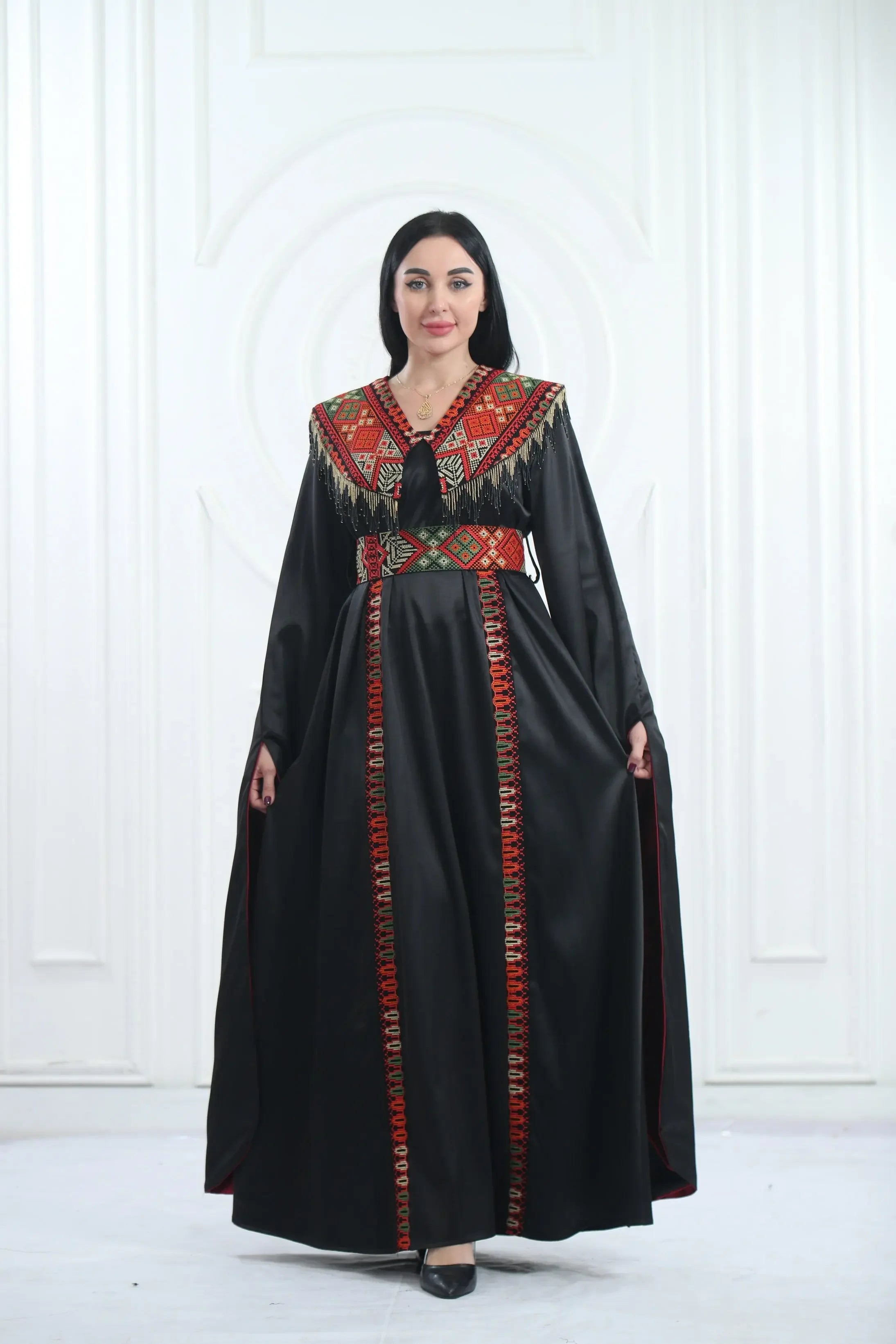 Embroidered Satin Dress With handmade Beads Palestinian Elegance