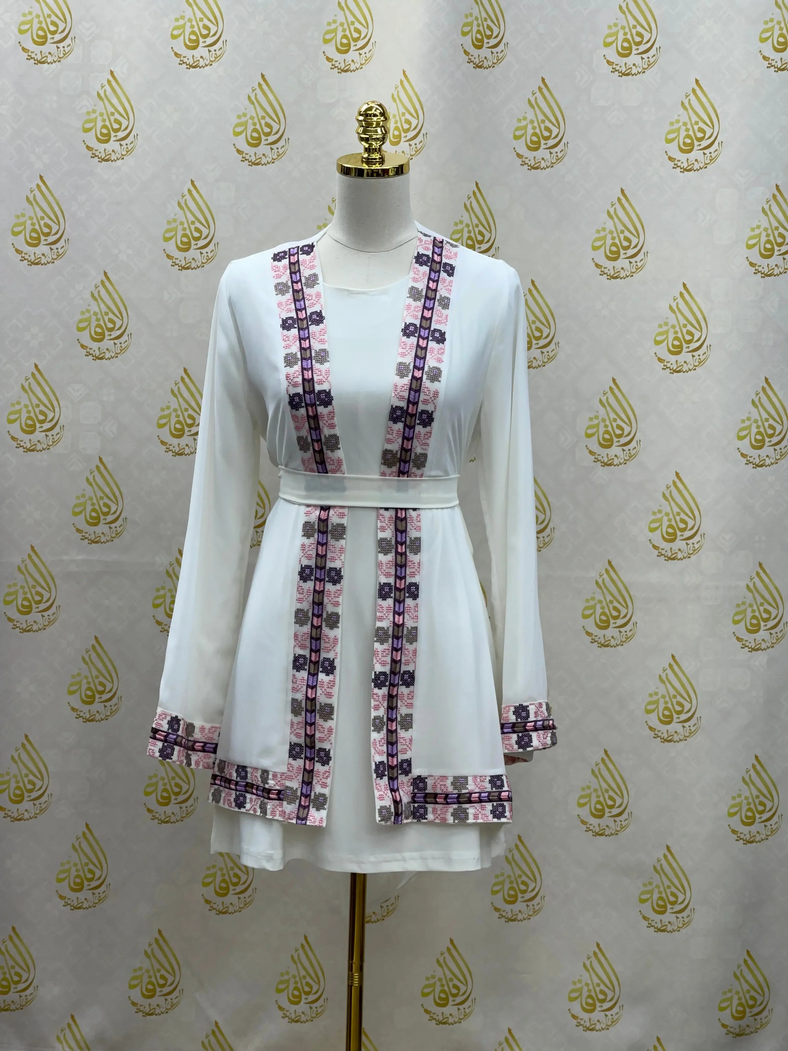 Palestinian Elegance white cardigan embroidered chiffon kimono with pink and purple geometric trim