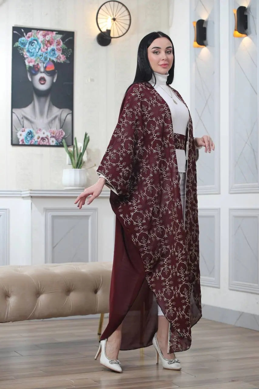 Embroidered Chiffon Cardigan Golden Silk Threads Palestinian Elegance