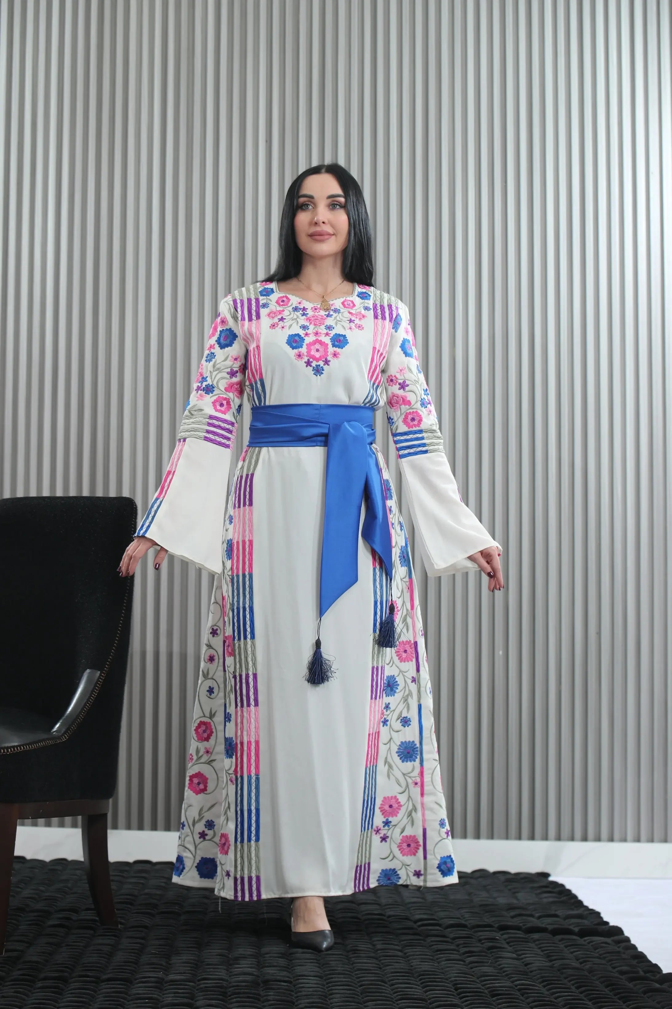 Embroidered White Multicolored Thoub Palestinian Elegance