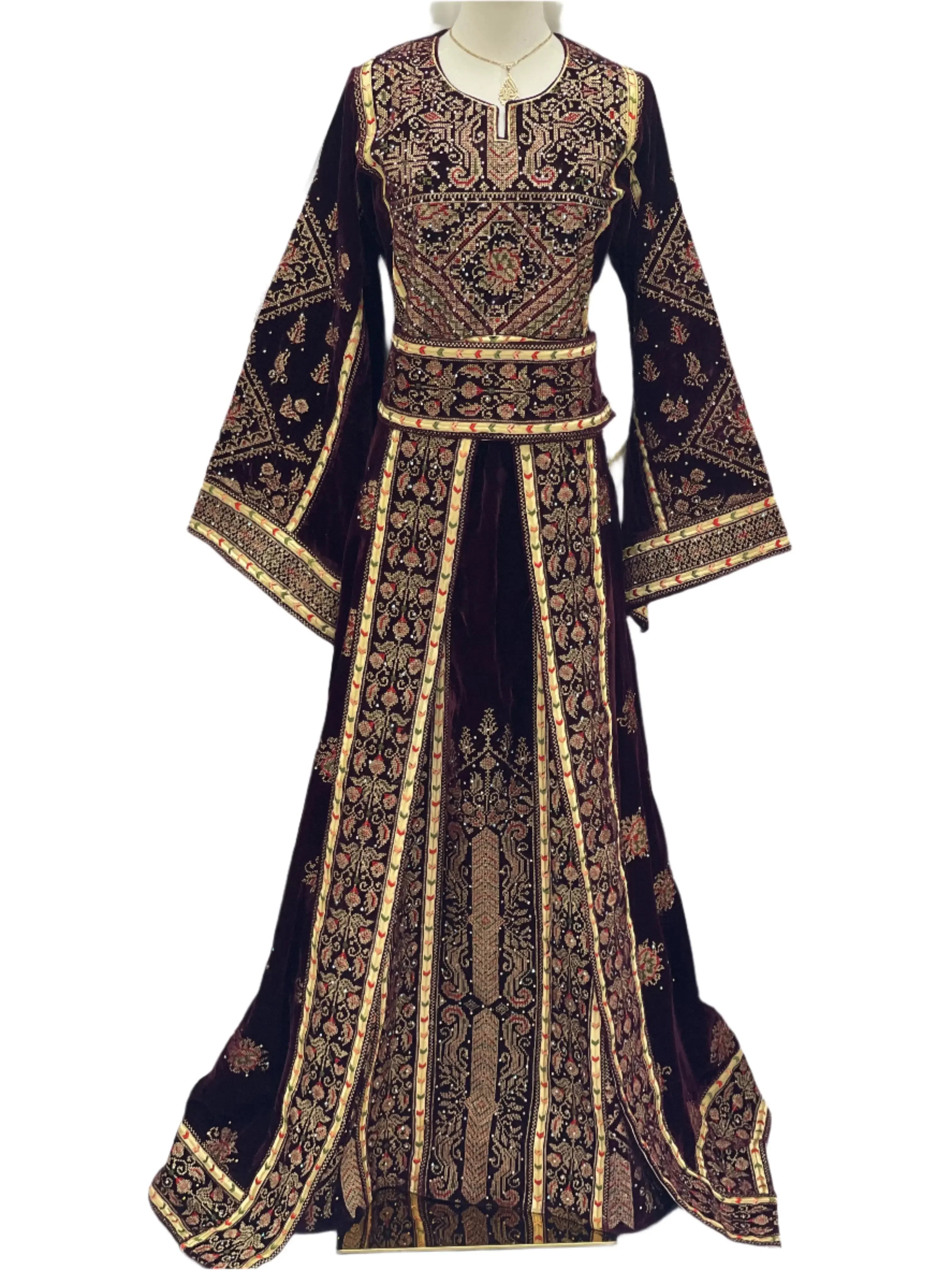 Maroon Velvet Thoub With Matching Overskirt Palestinian Elegance
