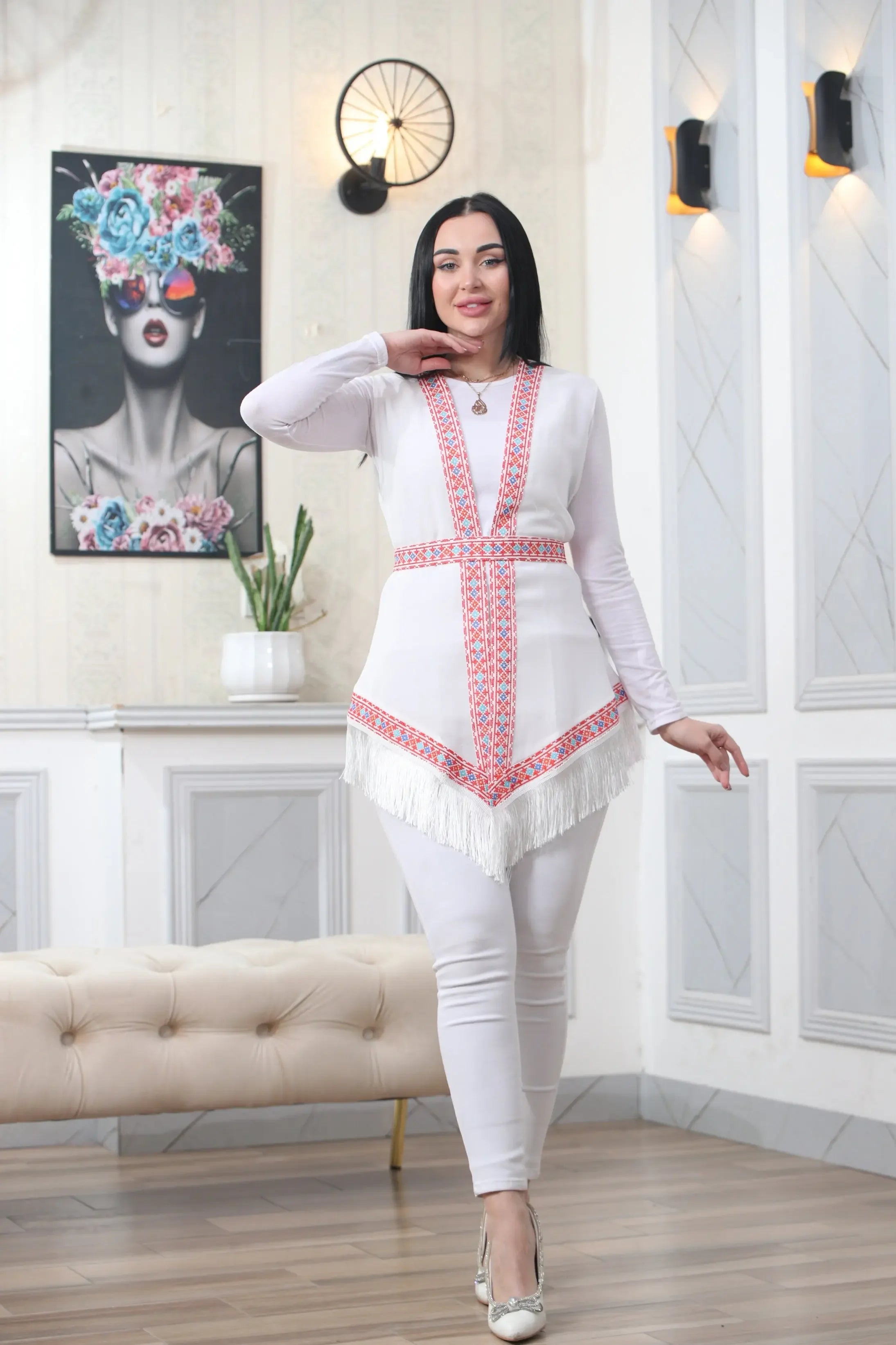White Embroidered Chiffon Vest Palestinian Elegance