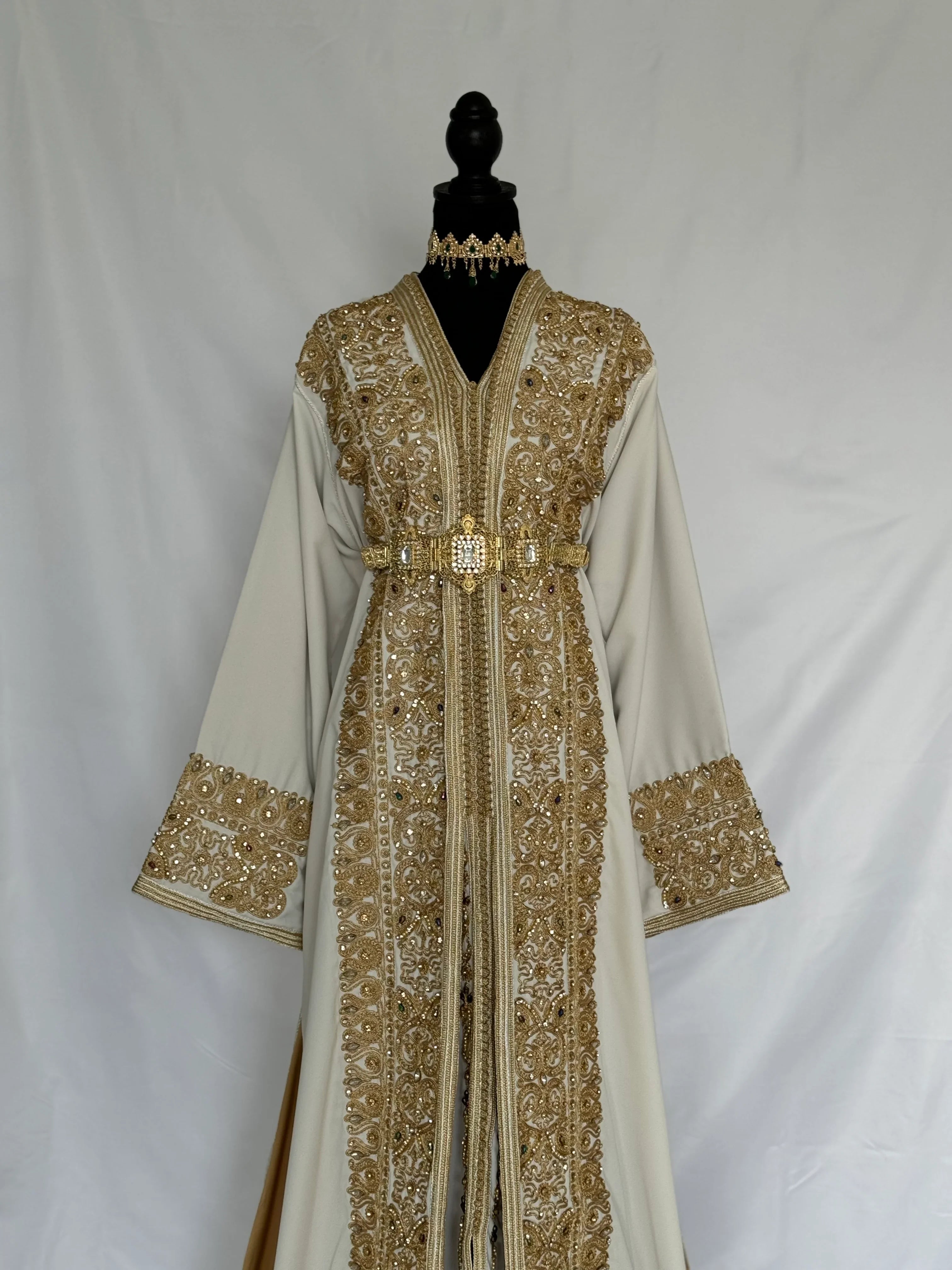 Handmade Silk Crepe Moroccan Kaftan: Gold Thread Embroidery, Belted Takchita