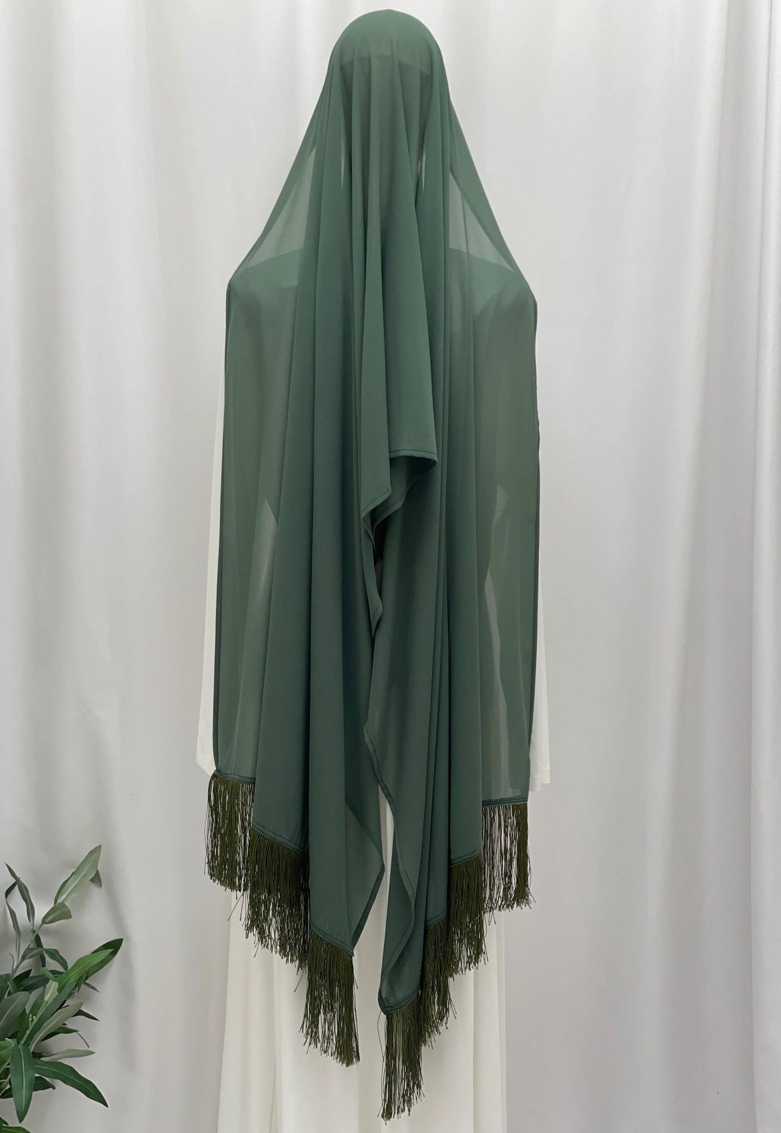 Sheer Olive Green Khirka with Tassel Edging