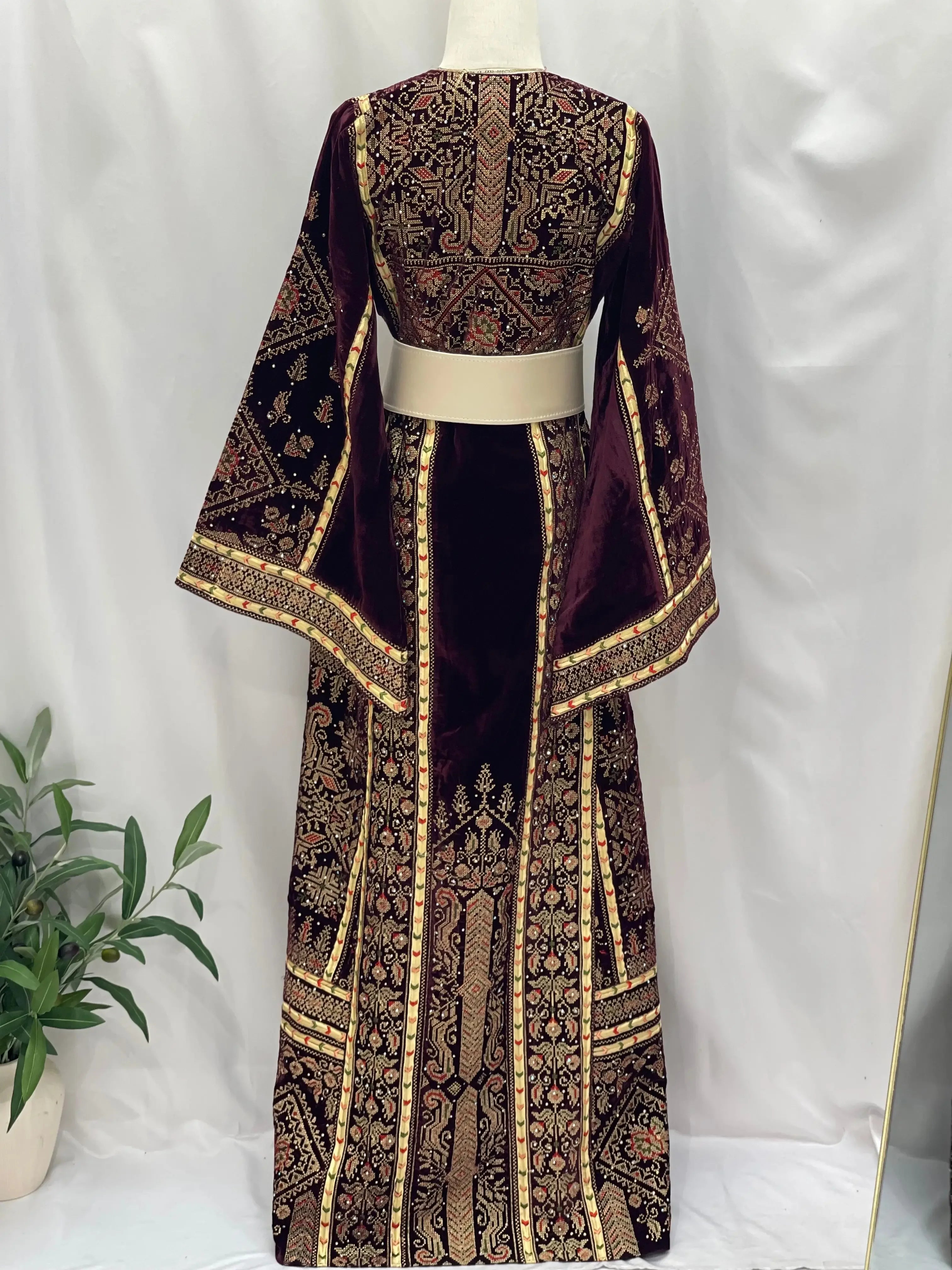 Maroon Velvet Thoub With Matching Overskirt Palestinian Elegance