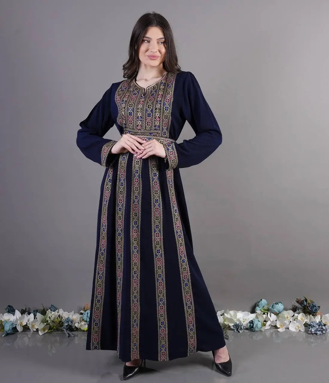 Palestinian Elegance embroidered abaya dress in navy with intricate multicolor embroidery and long sleeves