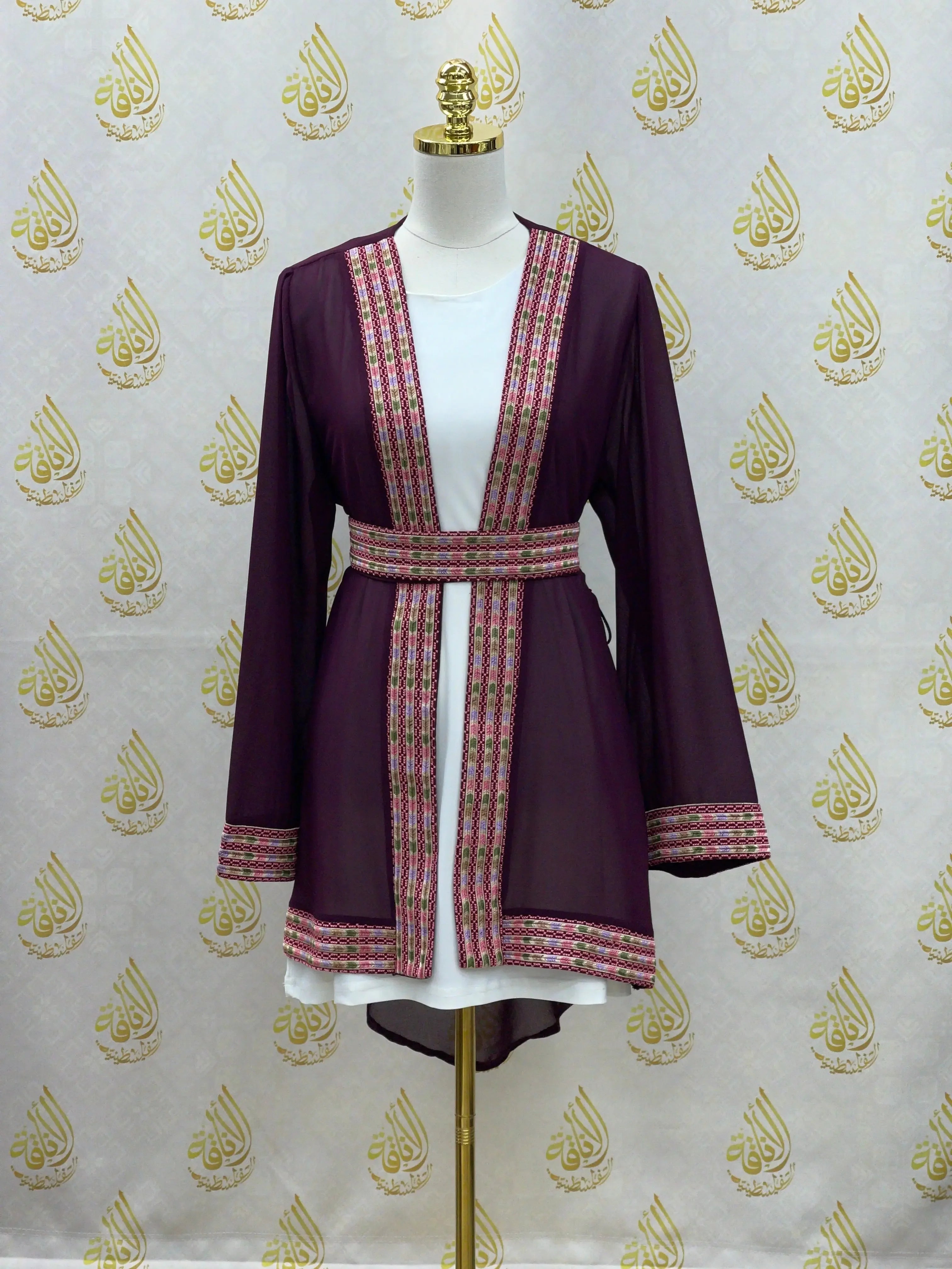 Palestinian Elegance embroidered chiffon kimono cardigan in deep purple with traditional embroidery details