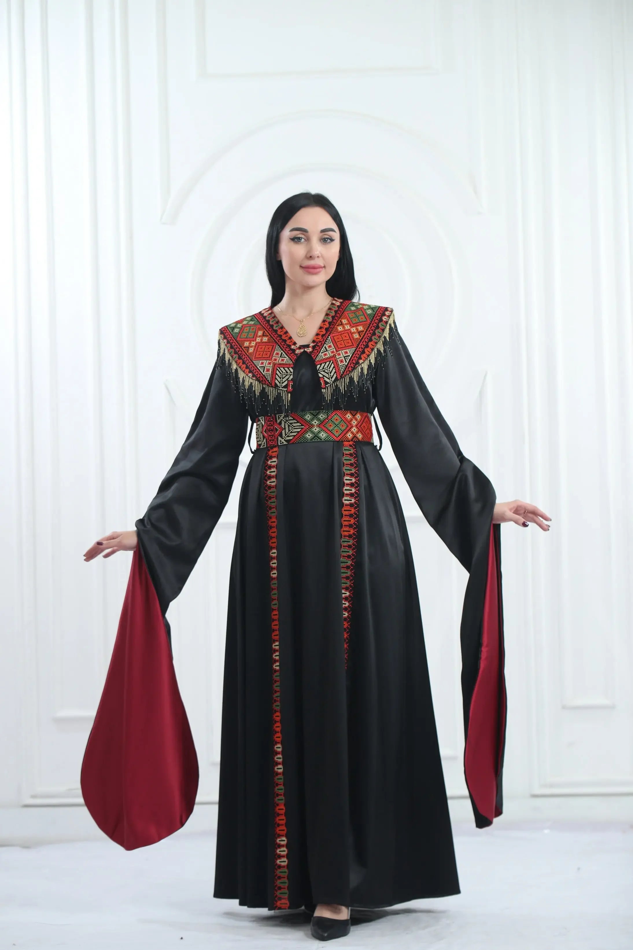 Embroidered Satin Dress With handmade Beads Palestinian Elegance