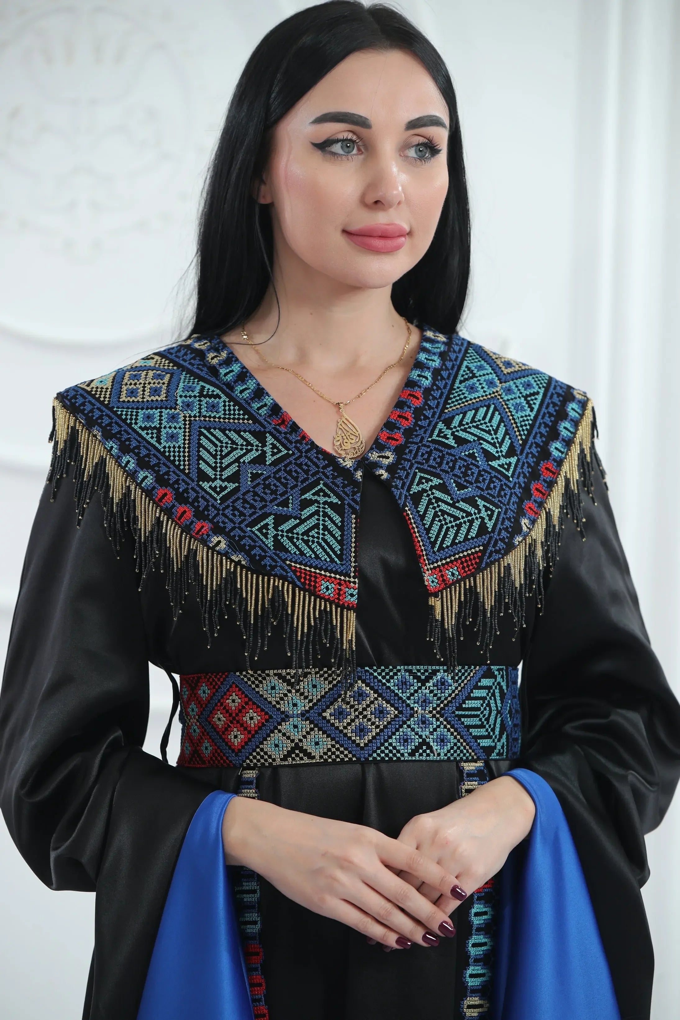 Embroidered Satin Dress With handmade Beads Palestinian Elegance