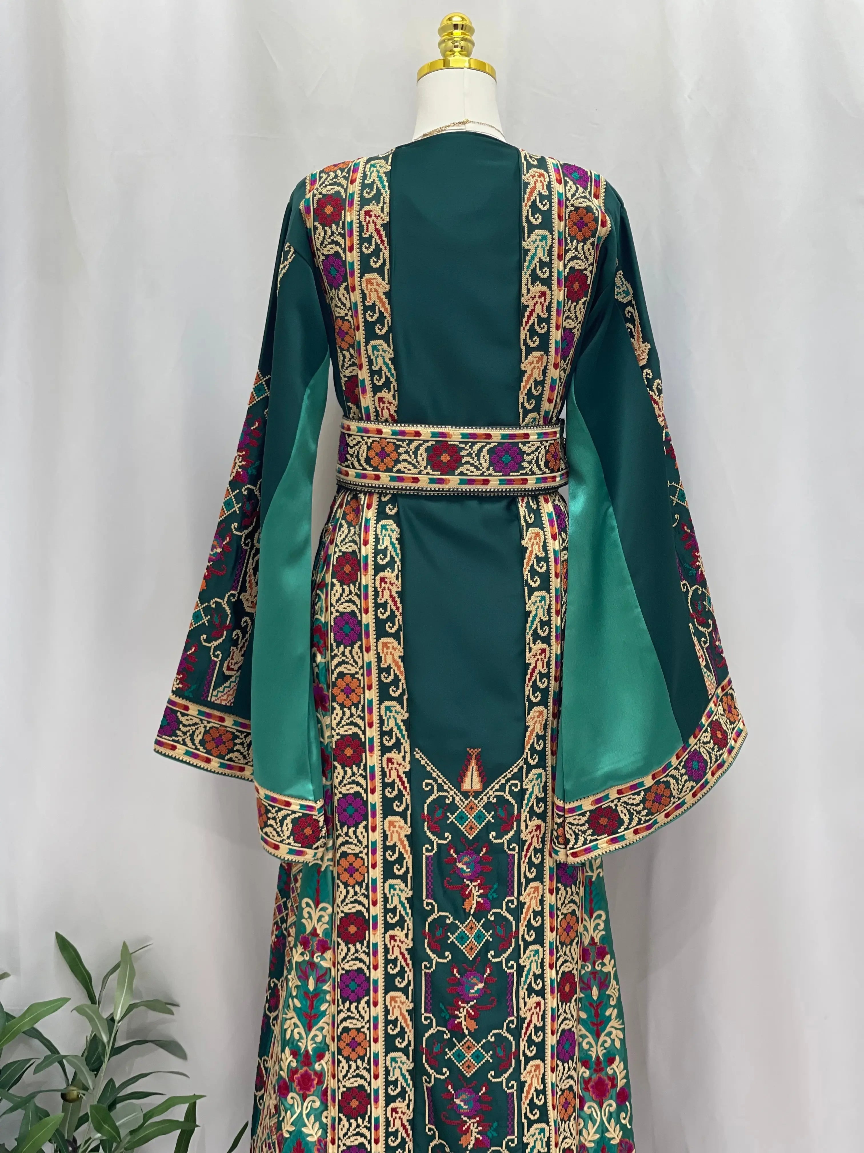 Distinctive Elegance: Unique Green Satin Silk Embroidered Thoub Palestinian Elegance