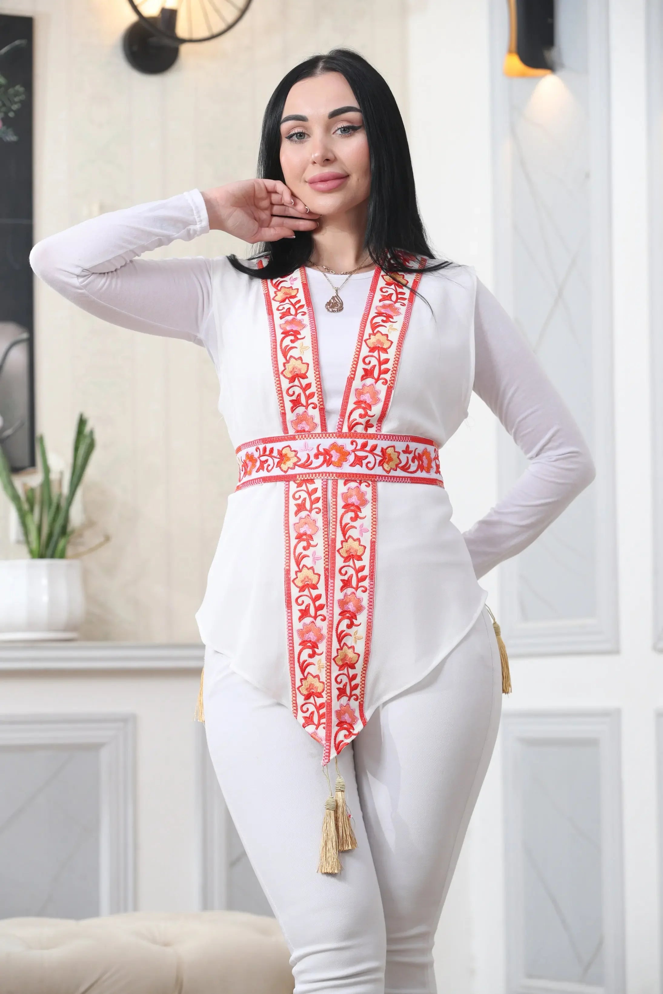 White Chiffon Vest Colorful Embroidered Palestinian Elegance