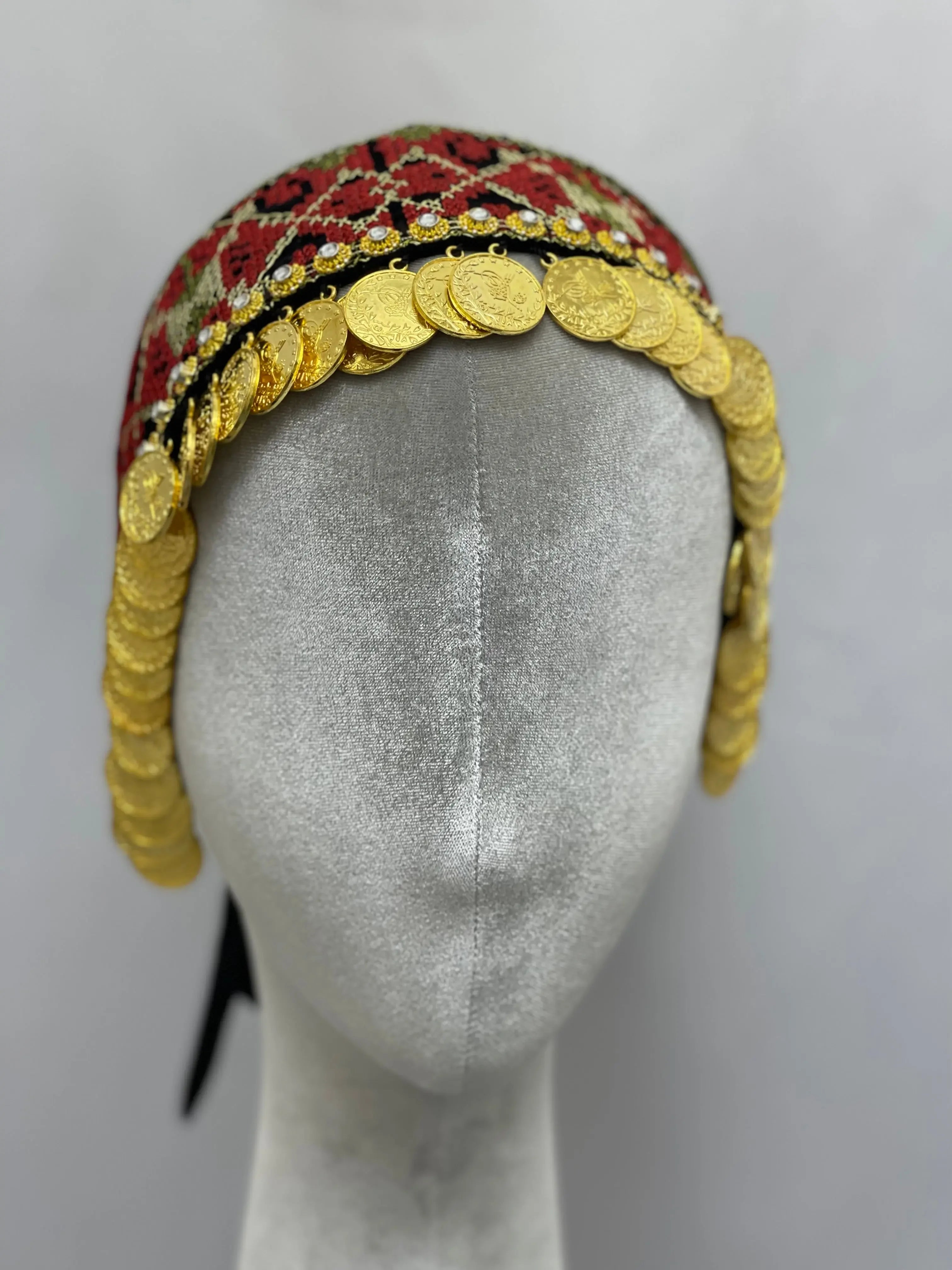 Palestinian Elegance tatreez head scarf with beads featuring traditional embroidery and gold coin accents