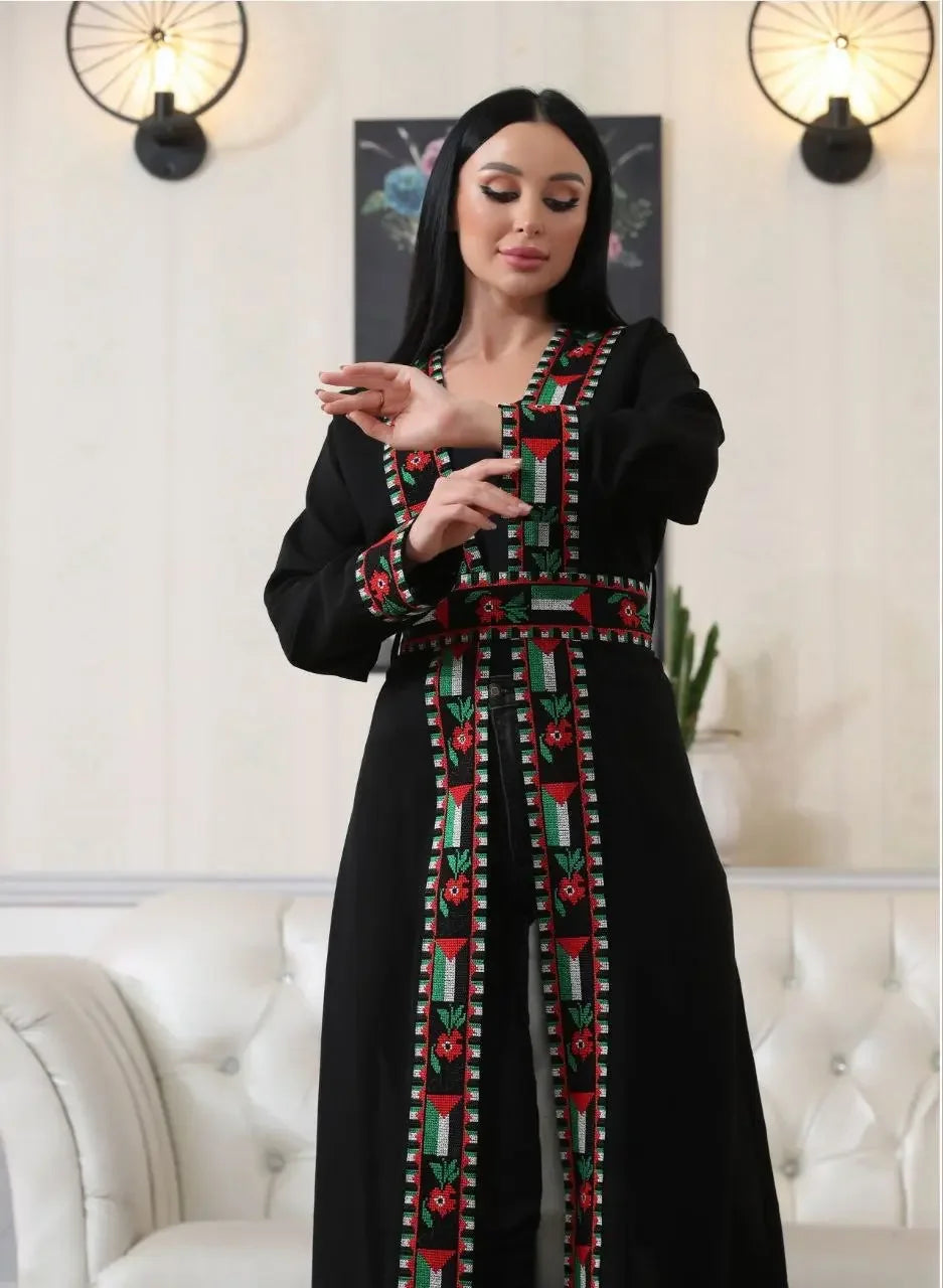 Chiffon Cardigan with Embroidered Palestinian Flag – Cultural Statement Piece Palestinian Elegance