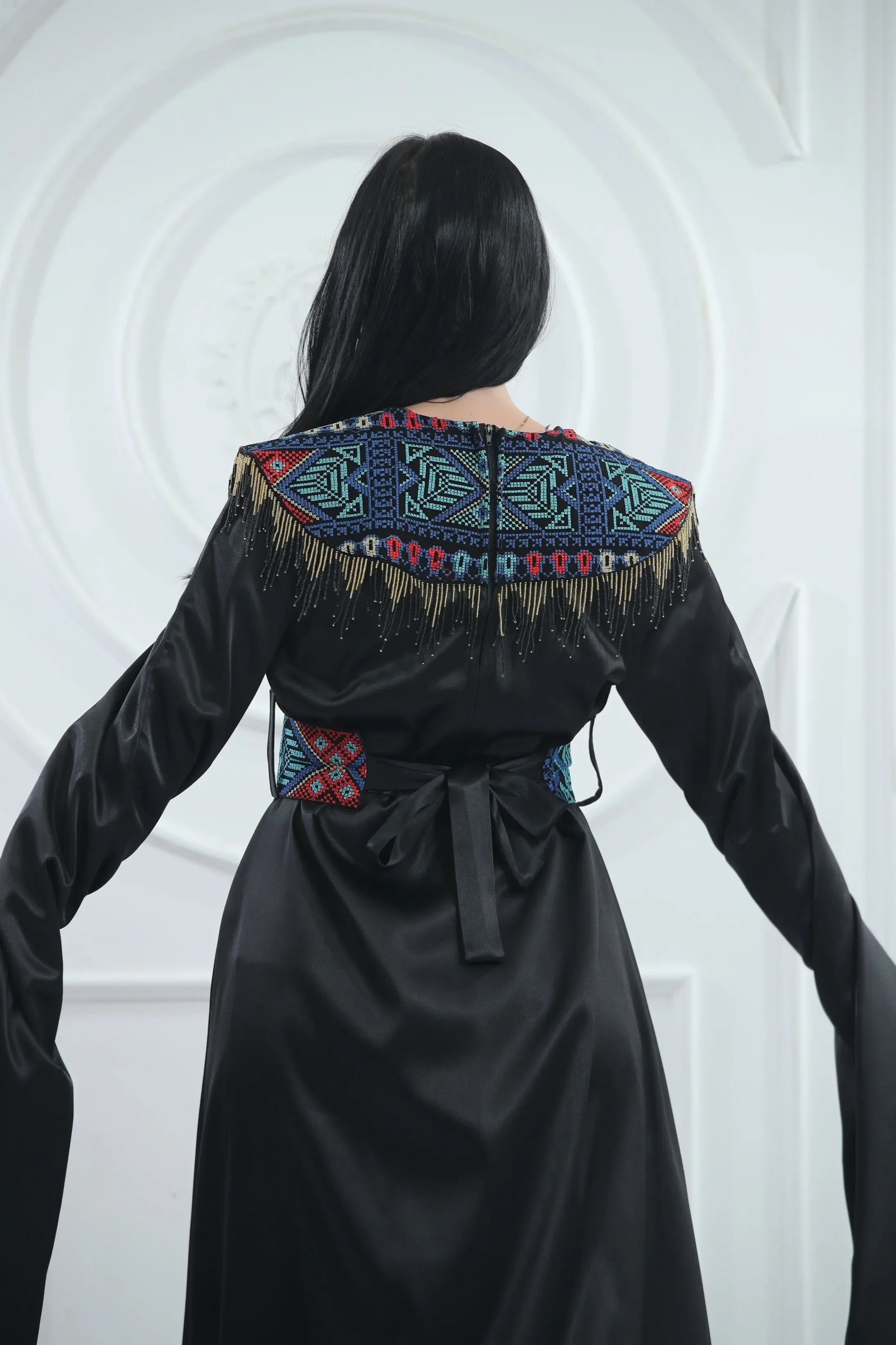 Embroidered Satin Dress With handmade Beads Palestinian Elegance