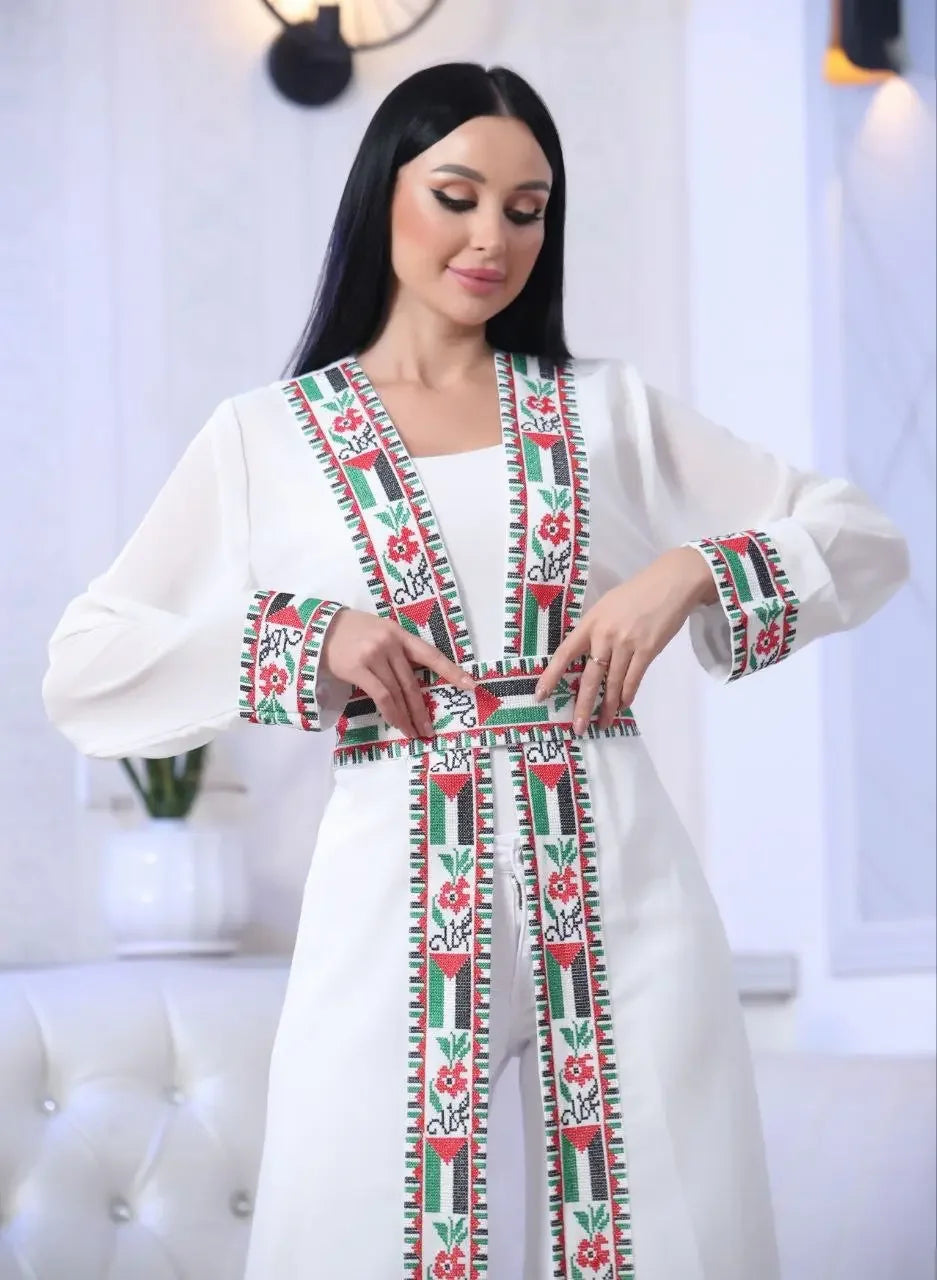 Chiffon Cardigan with Embroidered Palestinian Flag – Cultural Statement Piece Palestinian Elegance