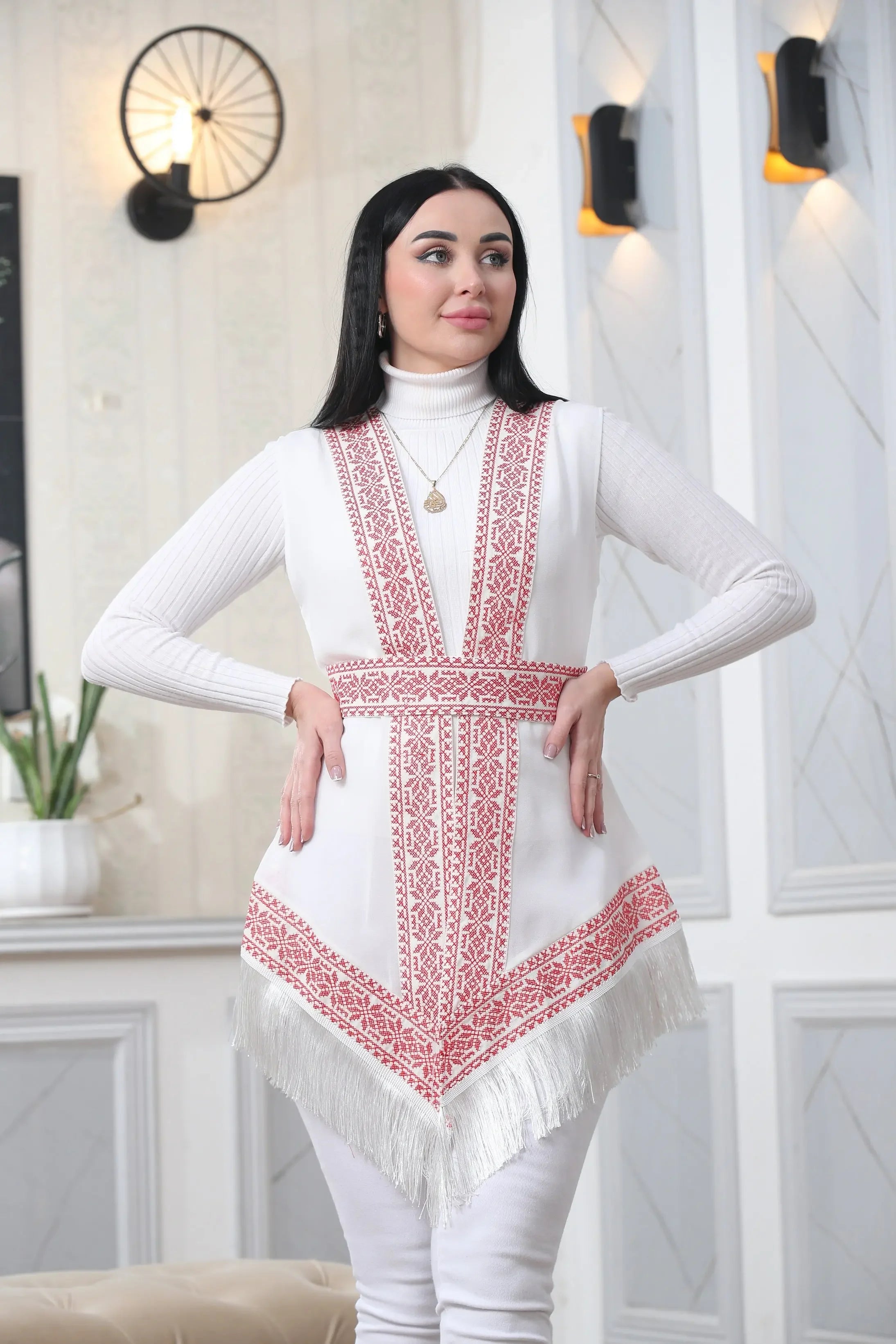 White Embroidered Chiffon Vest Palestinian Elegance