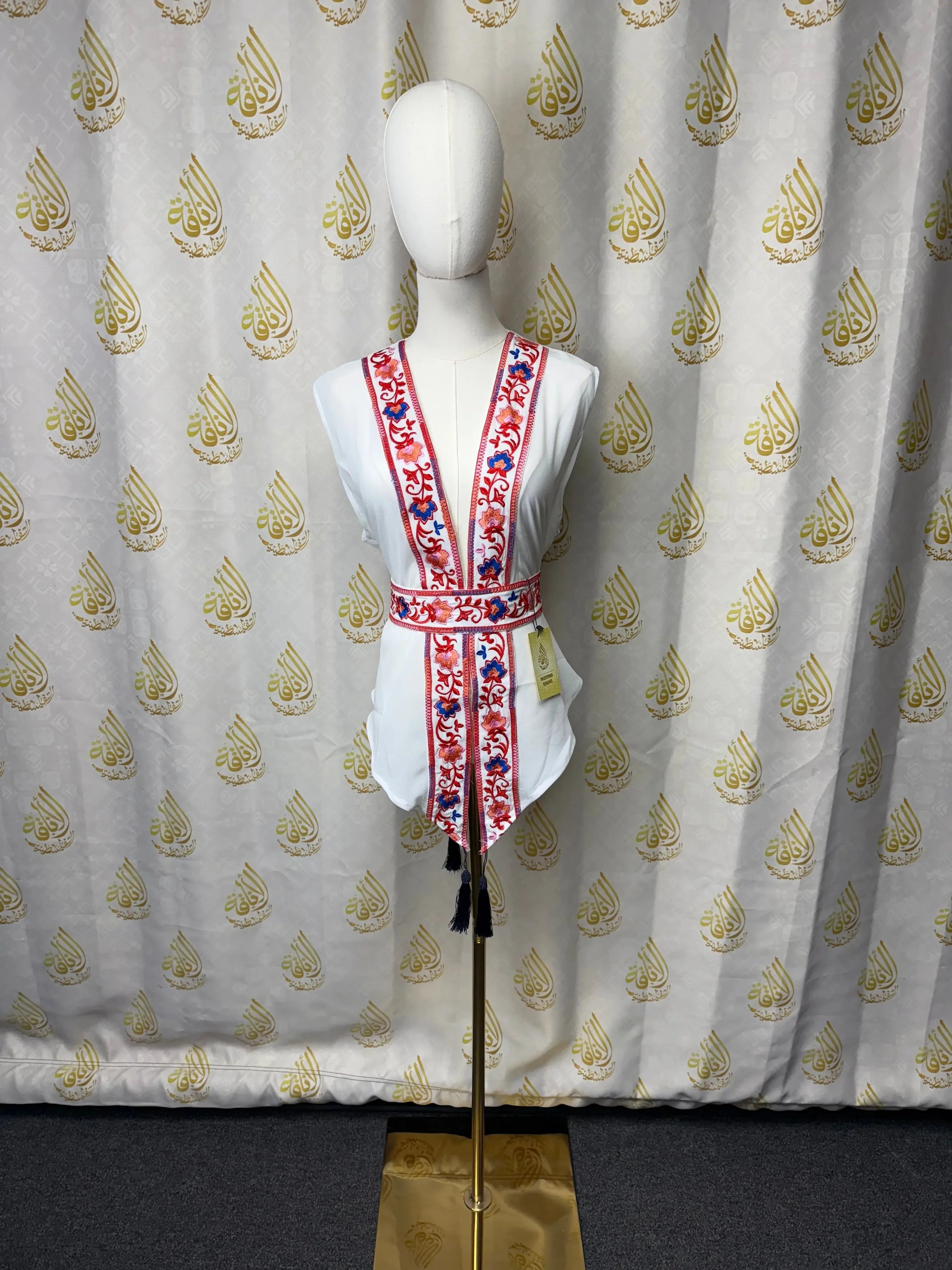 White Chiffon Vest Colorful Embroidered Palestinian Elegance