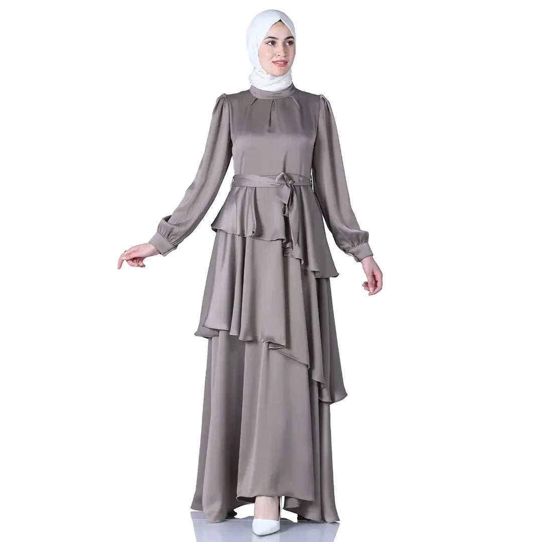 Elegant Layered Satin Gown: Timeless Sophistication and Grace Palestinian Elegance