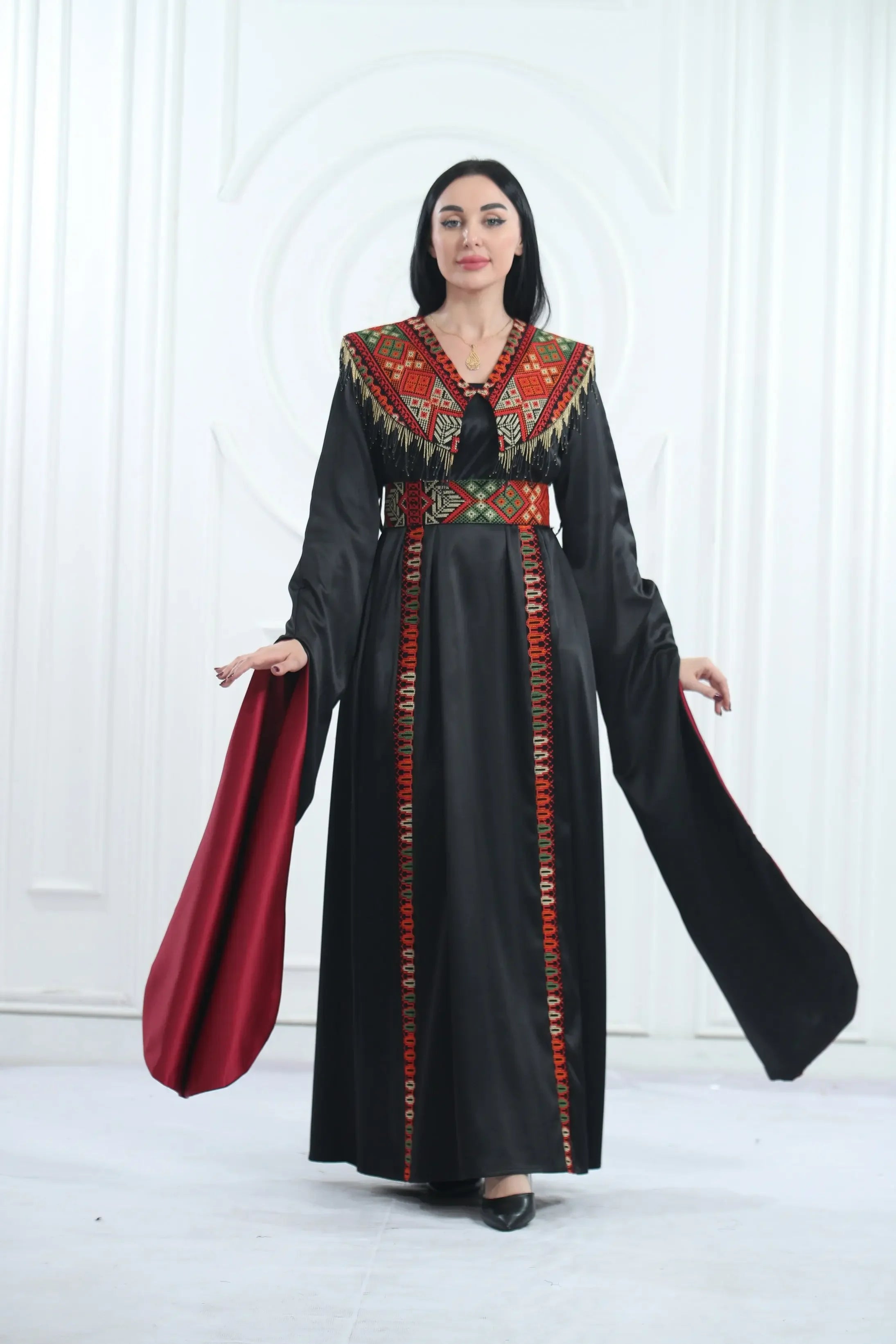 Embroidered Satin Dress With handmade Beads Palestinian Elegance