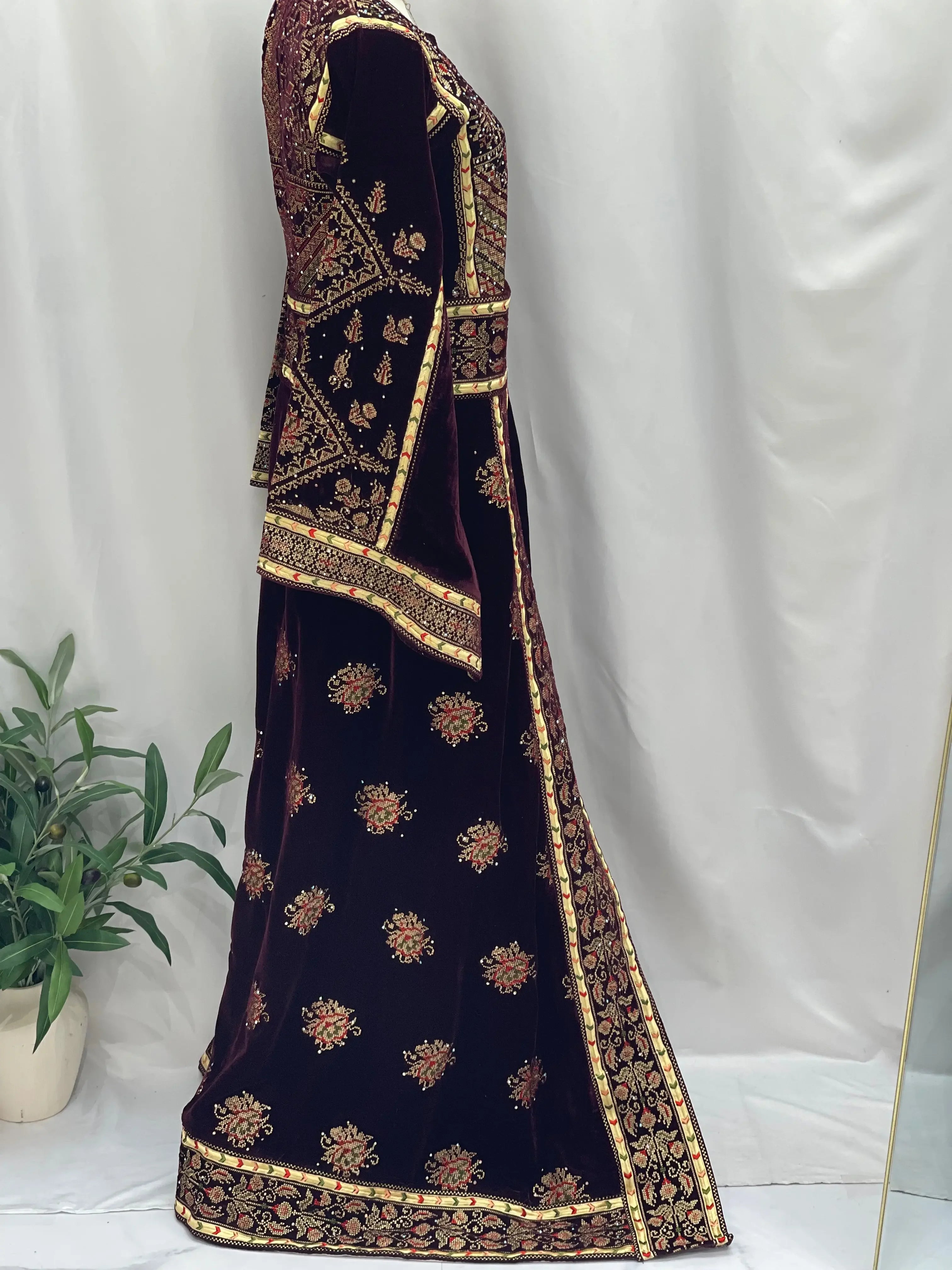 Maroon Velvet Thoub With Matching Overskirt Palestinian Elegance