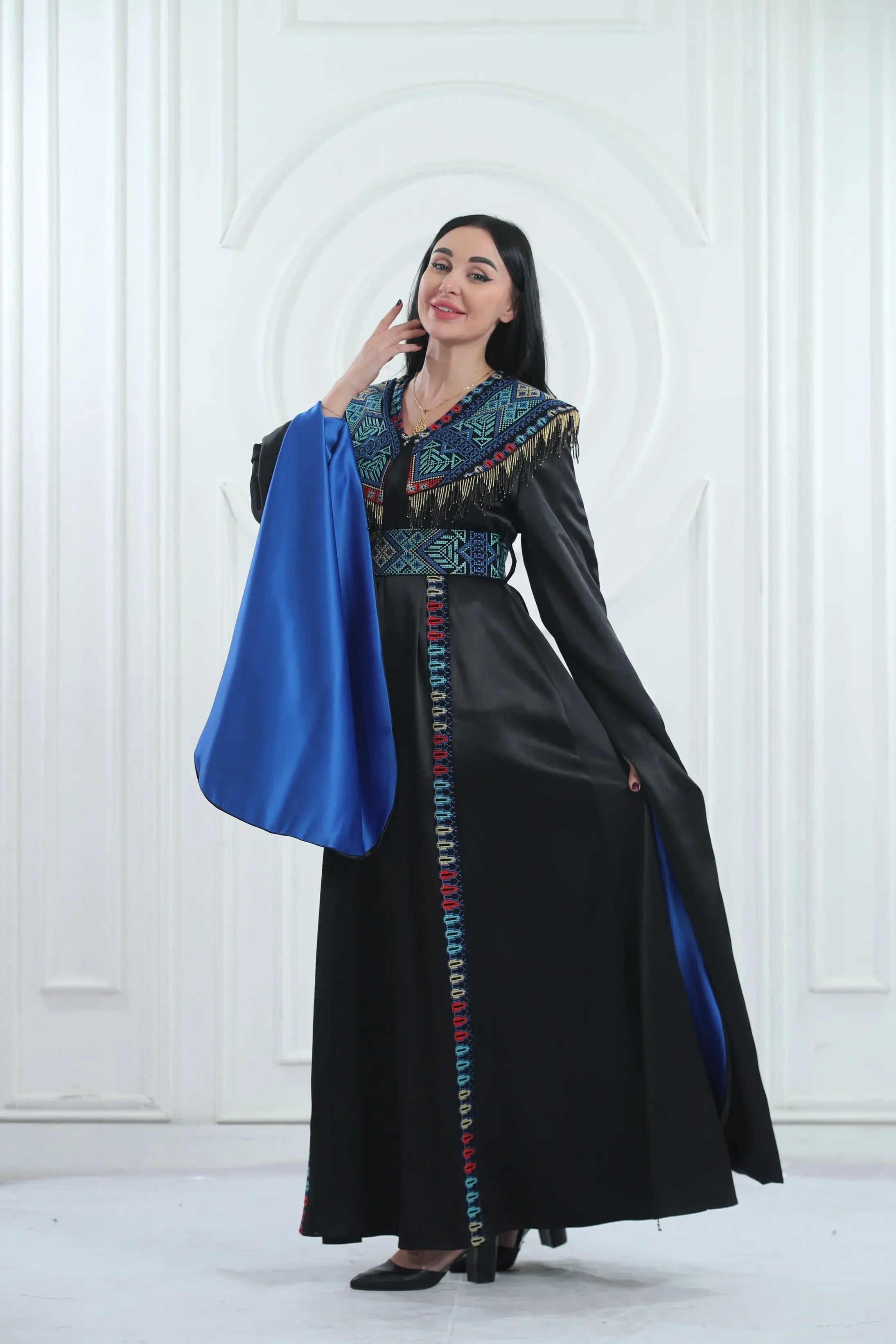 Embroidered Satin Dress With handmade Beads Palestinian Elegance