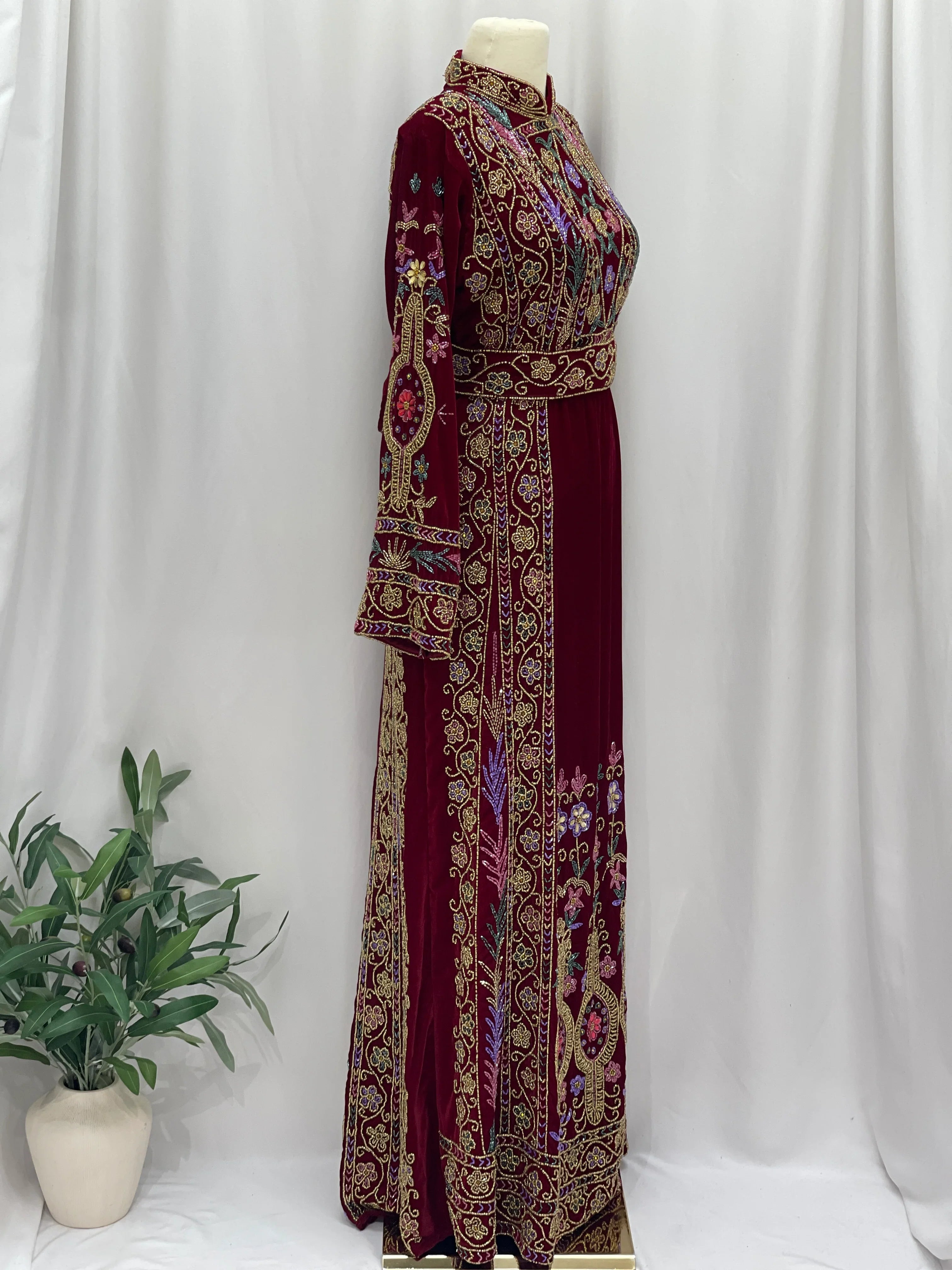 Maroon Beaded Velvet Thobe - Palestinian Elegance