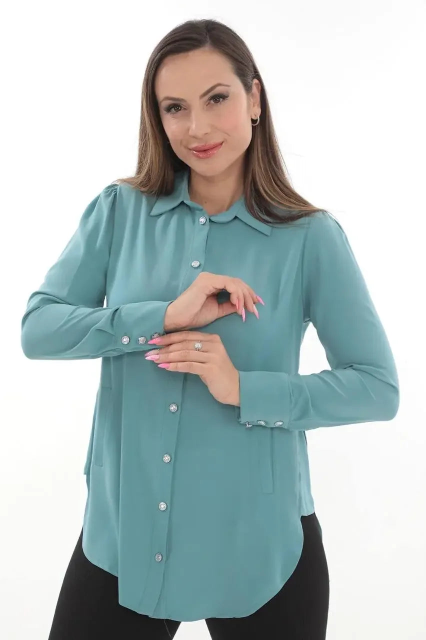 Palestinian Elegance casual embroidered blouse for women in teal with button-down front and long sleeves