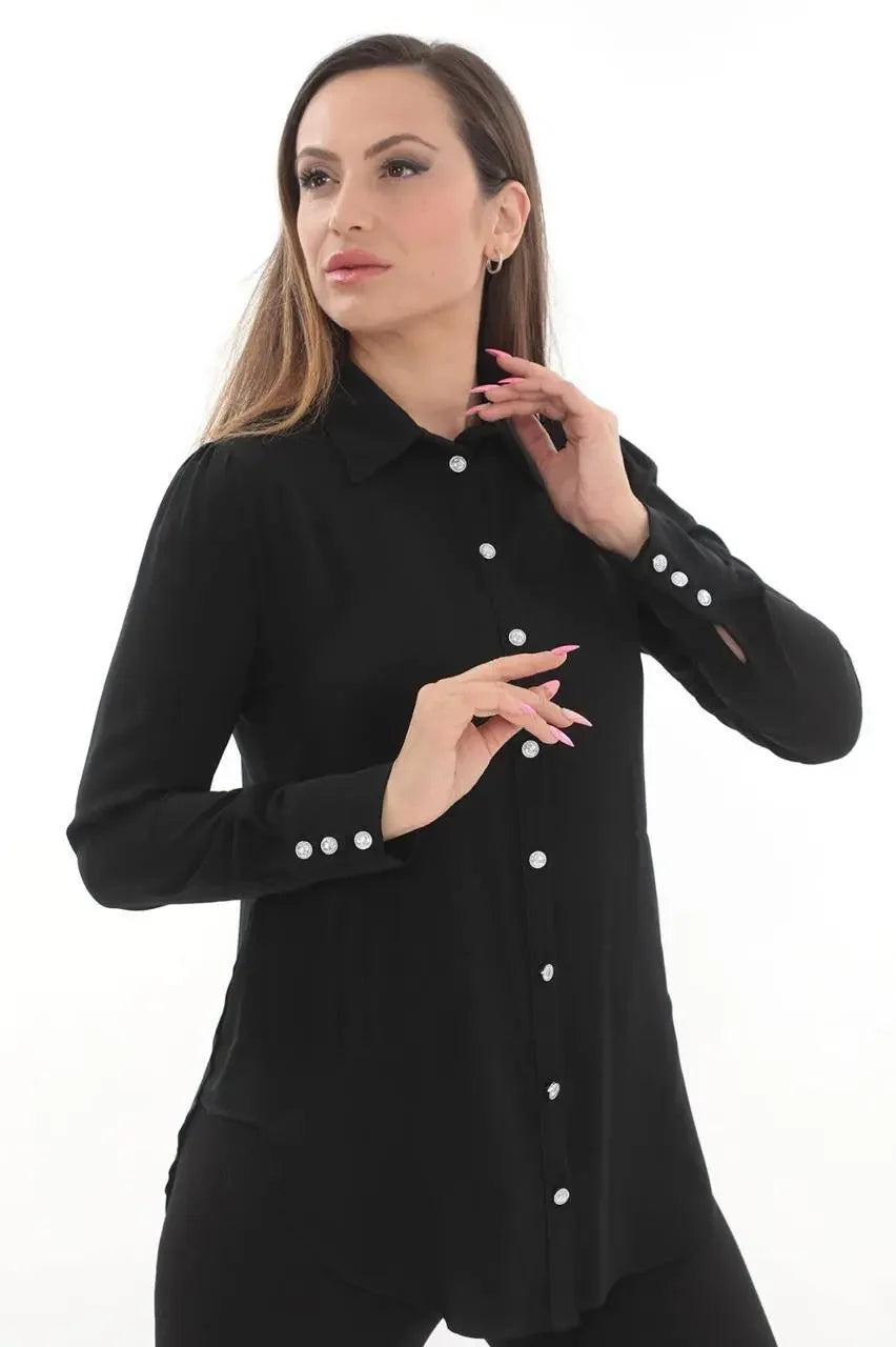 Casual black embroidered blouse for women with button-down front and long sleeves