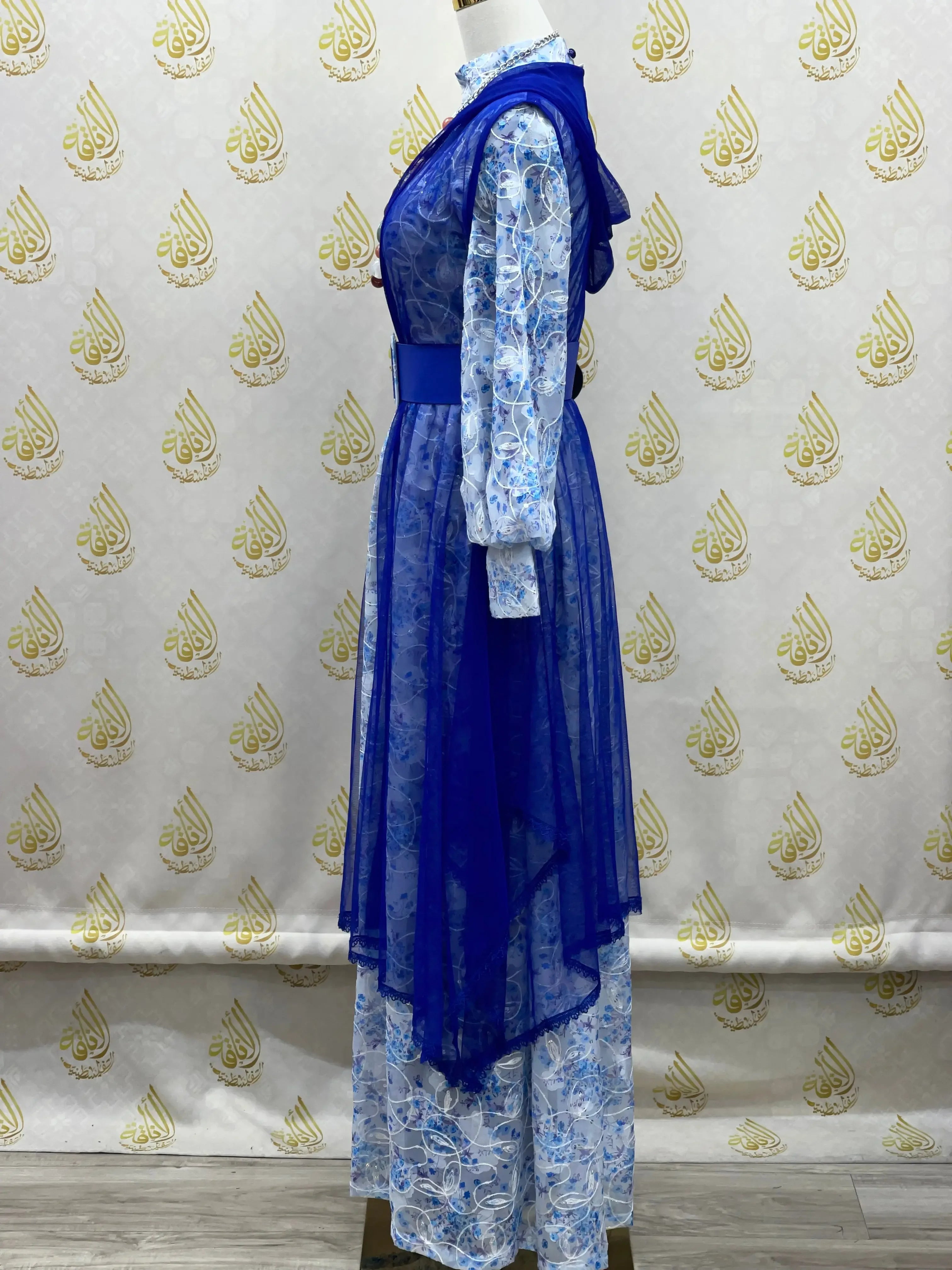 Floral Embroidered Mesh Overlay Dress with Beads: Enchanting Elegance and Grace Palestinian Elegance