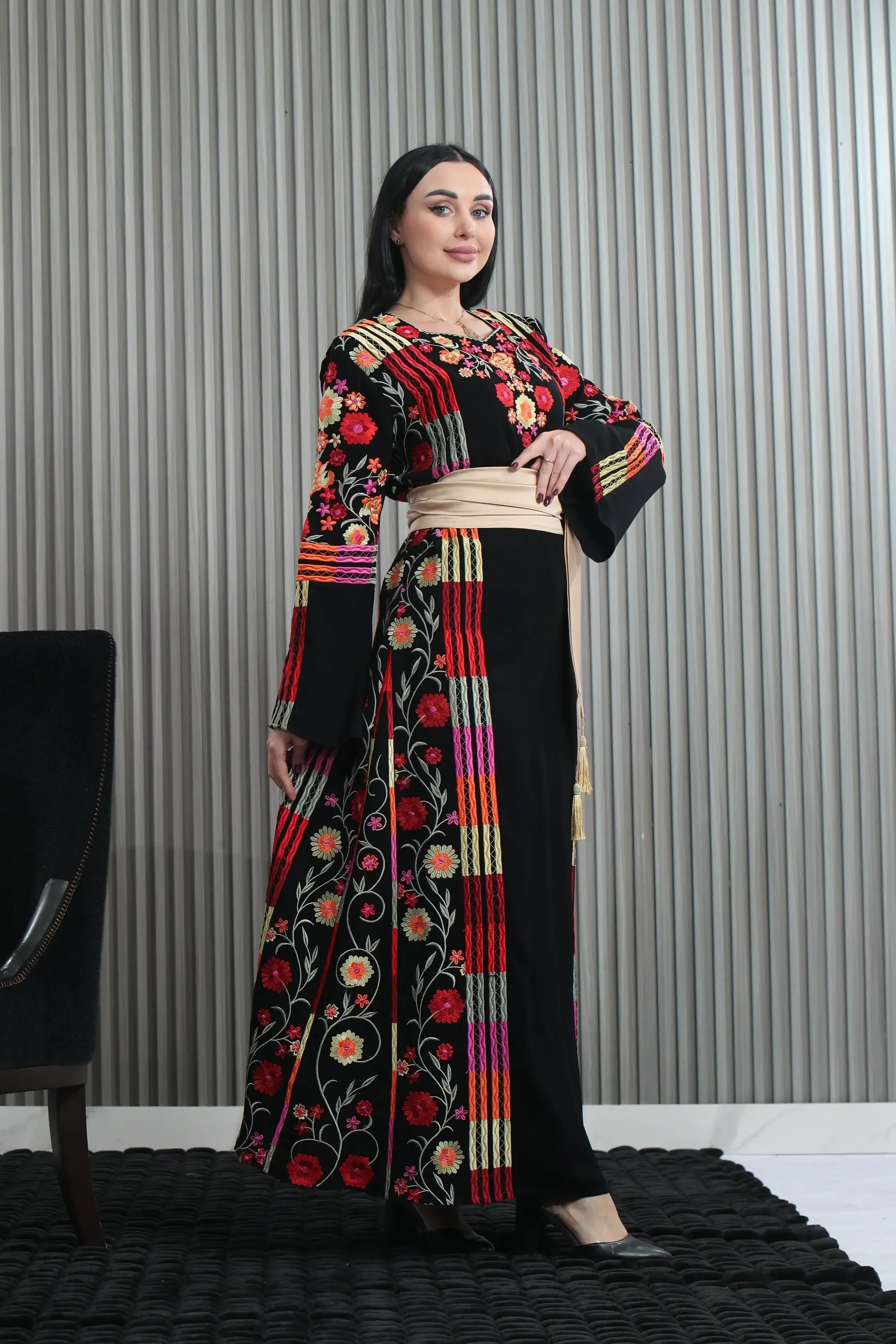 Vibrant Elegance: The Embroidered Multicolored Thoub Palestinian Elegance