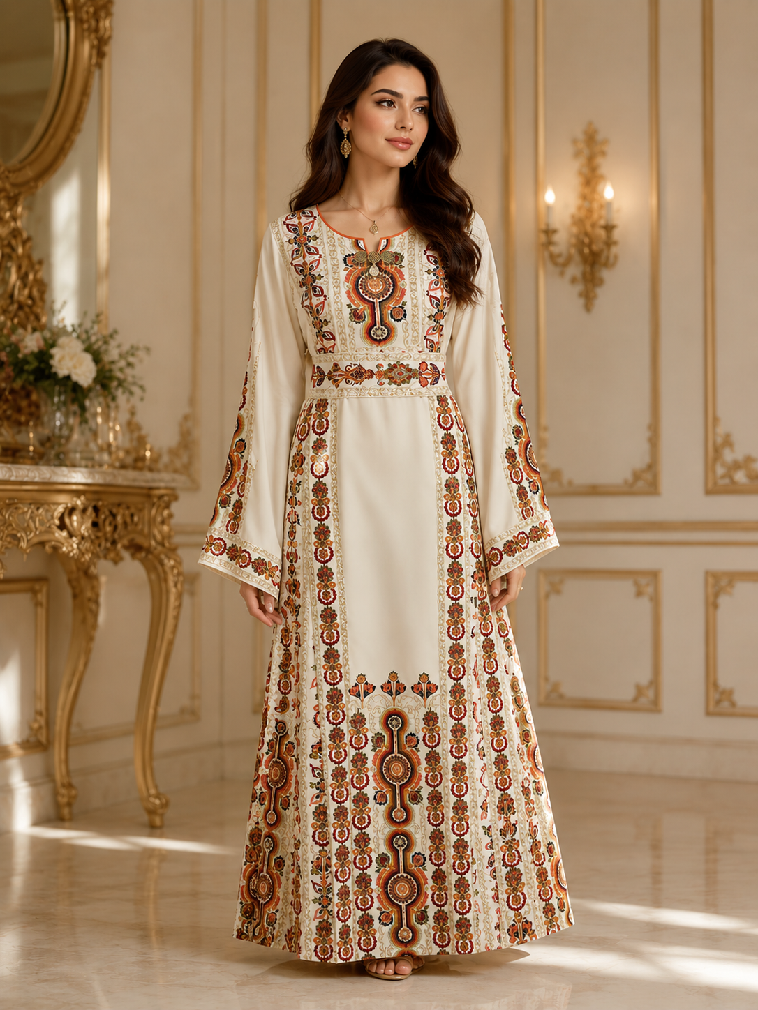 Palestinian Elegance Salma Ivory Embroidered Thoub Modest Dress