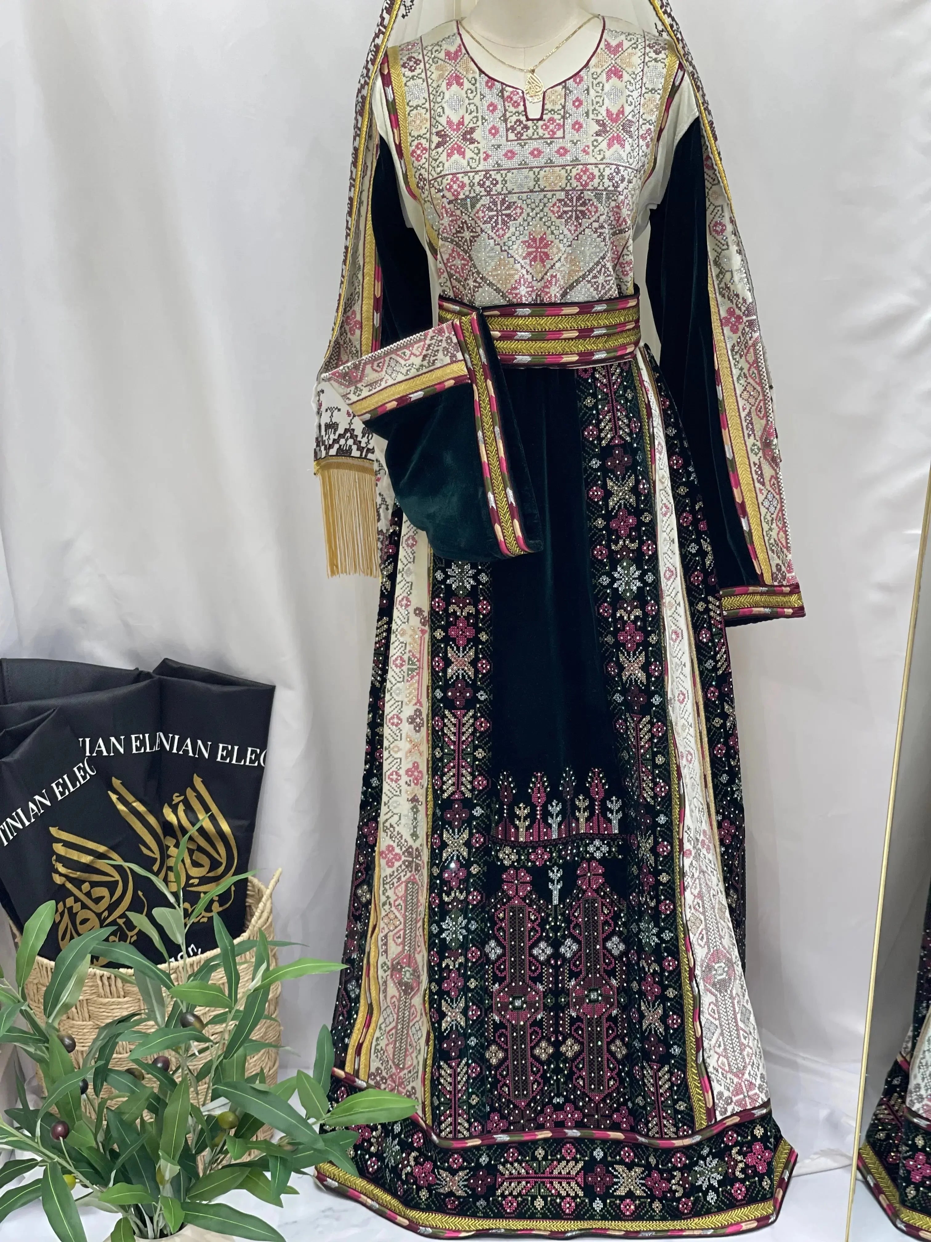 2-Color Spandex Velvet Embroidered Thoub | Elegant & Comfortable Formal Wear Palestinian Elegance